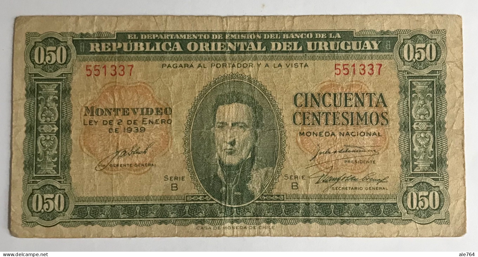 Uruguay 50 Centesimos, 1939, Serie B, P 34. - Uruguay