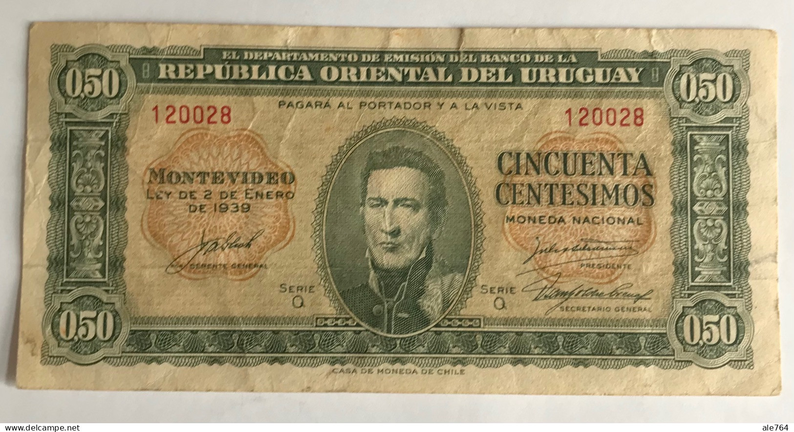 Uruguay 50 Centesimos, 1939, Serie Q, P 34. - Uruguay