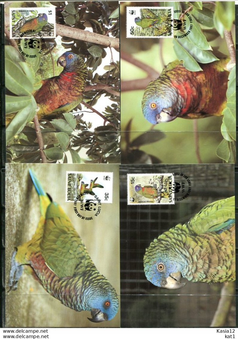 A51352)WWF-Maximumkarten Vogel: St. Lucia 909 - 912 - Maximumkarten