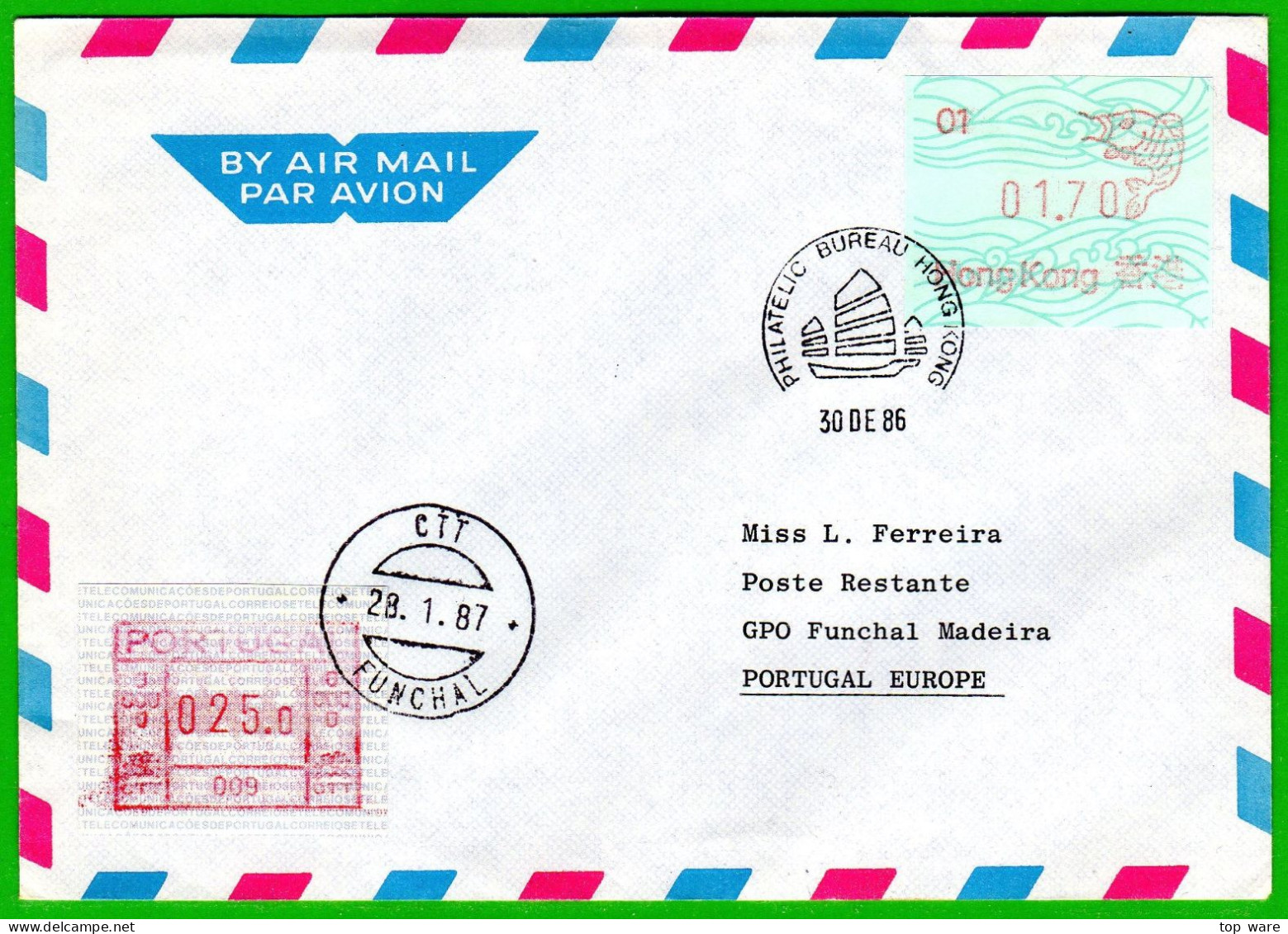 Hong Kong China ATM 1 Brown-red / Carp Fish / FDC 1.70 Poste Restante 30 DE 86 To Portugal 25$0 Funchal 28.1.86 / Frama - Distribuidores