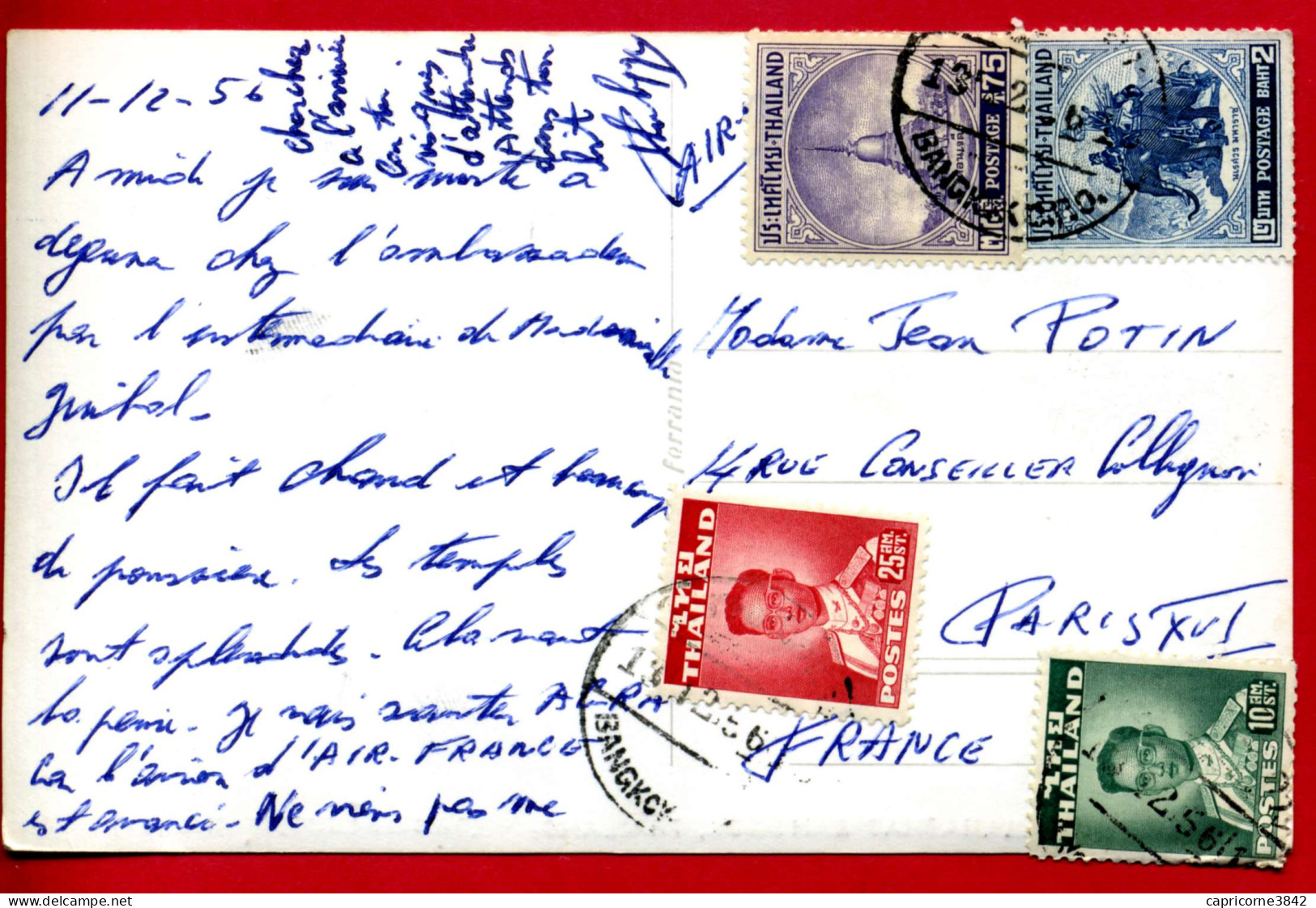 1956 - Thailande - Carte Postale De Bangkok Pour Paris - Tp Rama IX N° 273 Et 275 + 304 + 290 - Thailand