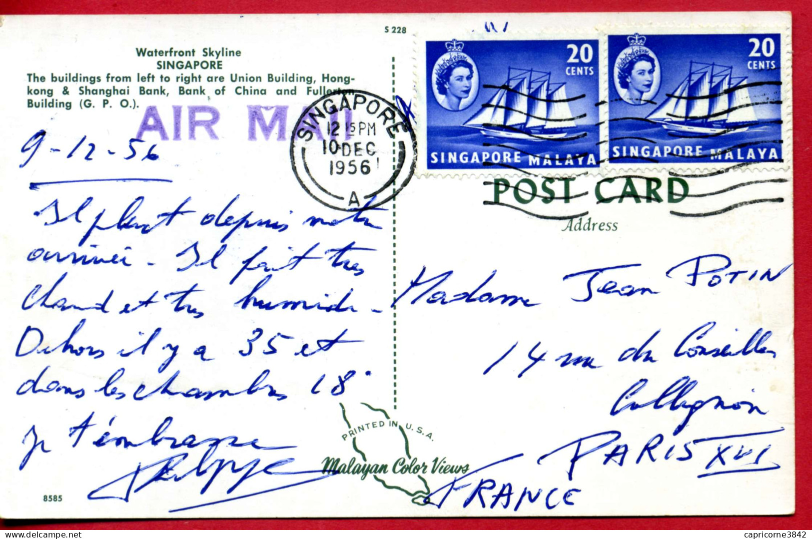 1956 - Singapour - Carte Postale De Singapour Pour Paris - Par Avion - 2 Tp N° 36 - Singapur (1959-...)