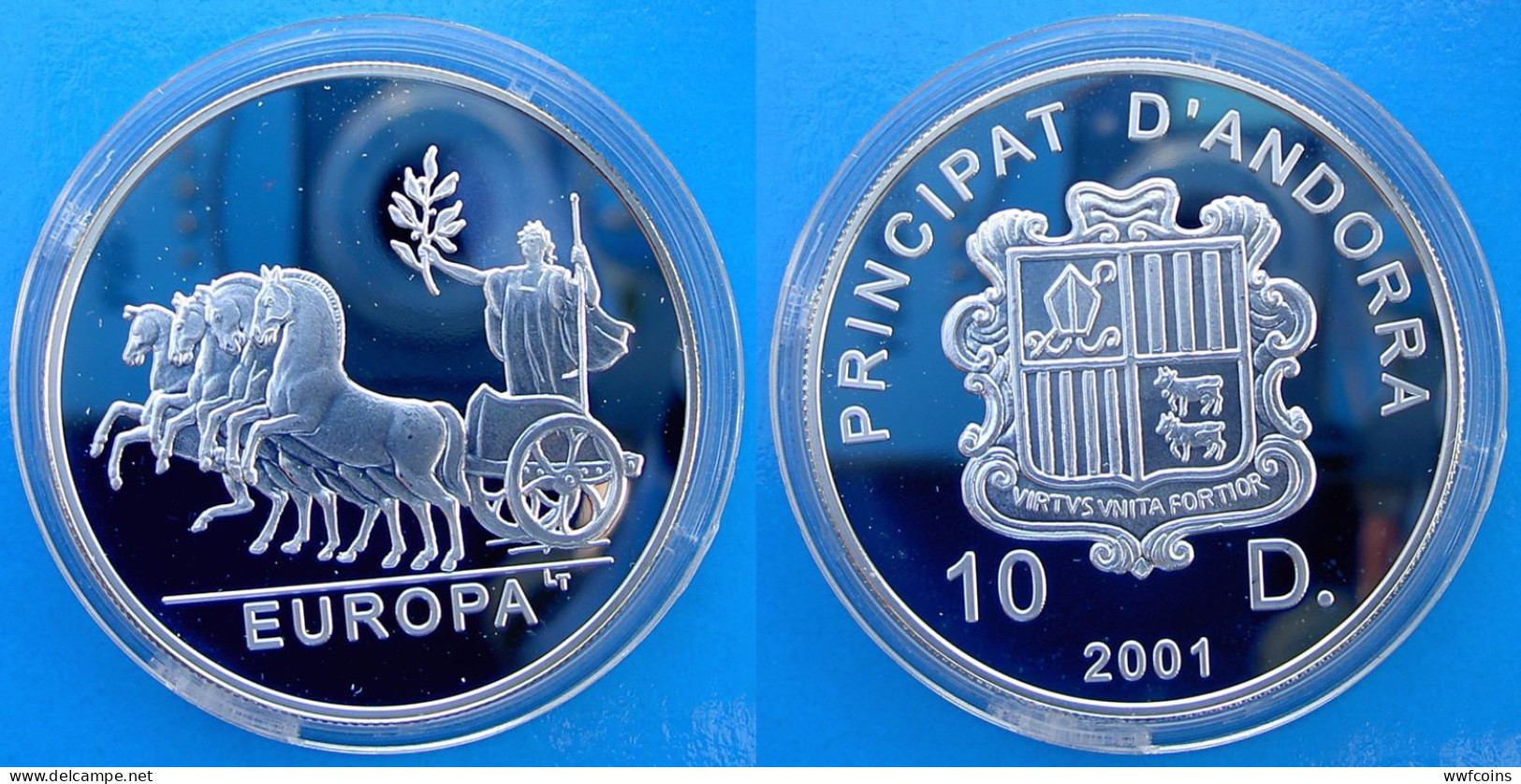 ANDORRA 10 D 2001 ARGENTO PROOF EUROPA IN BIGA CHARIOT PESO 31,47 TITOLO 0,925 CONSERVAZIONE FONDO SPECCHIO UNC. - Andorra