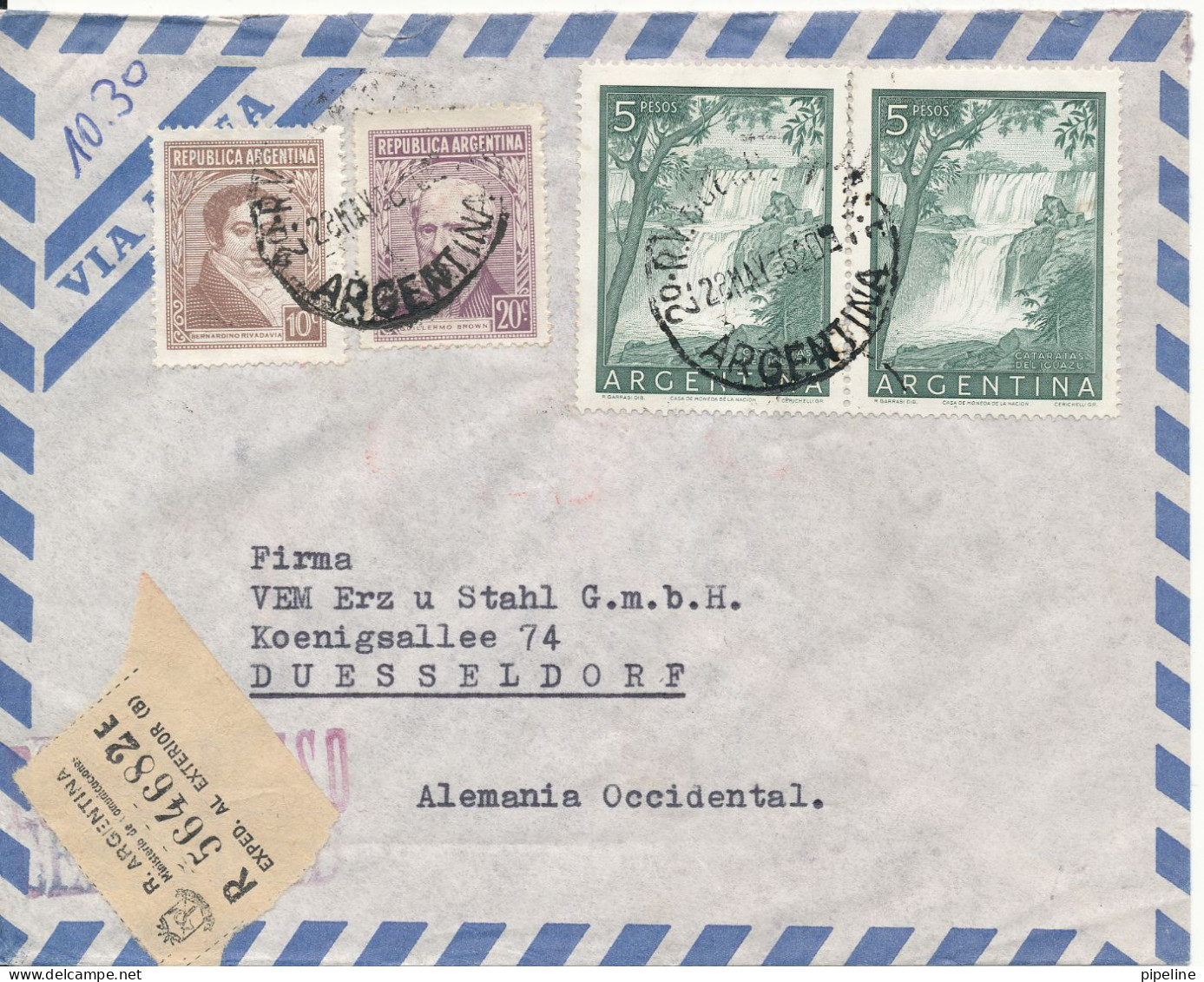 Argentina Registered Air Mail Cover Sent To Germany 28-5-1956 With More Stamps - Luftpost