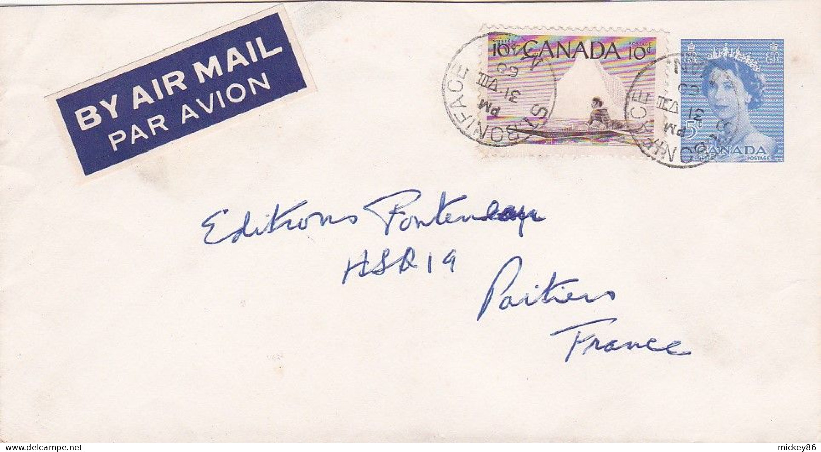 Canada--1960--Lettre  Entier  De ST  BONIFACE Pour POITIERS (France)..timbres ( Kayak) + Cachet 31-8-60 - Brieven En Documenten