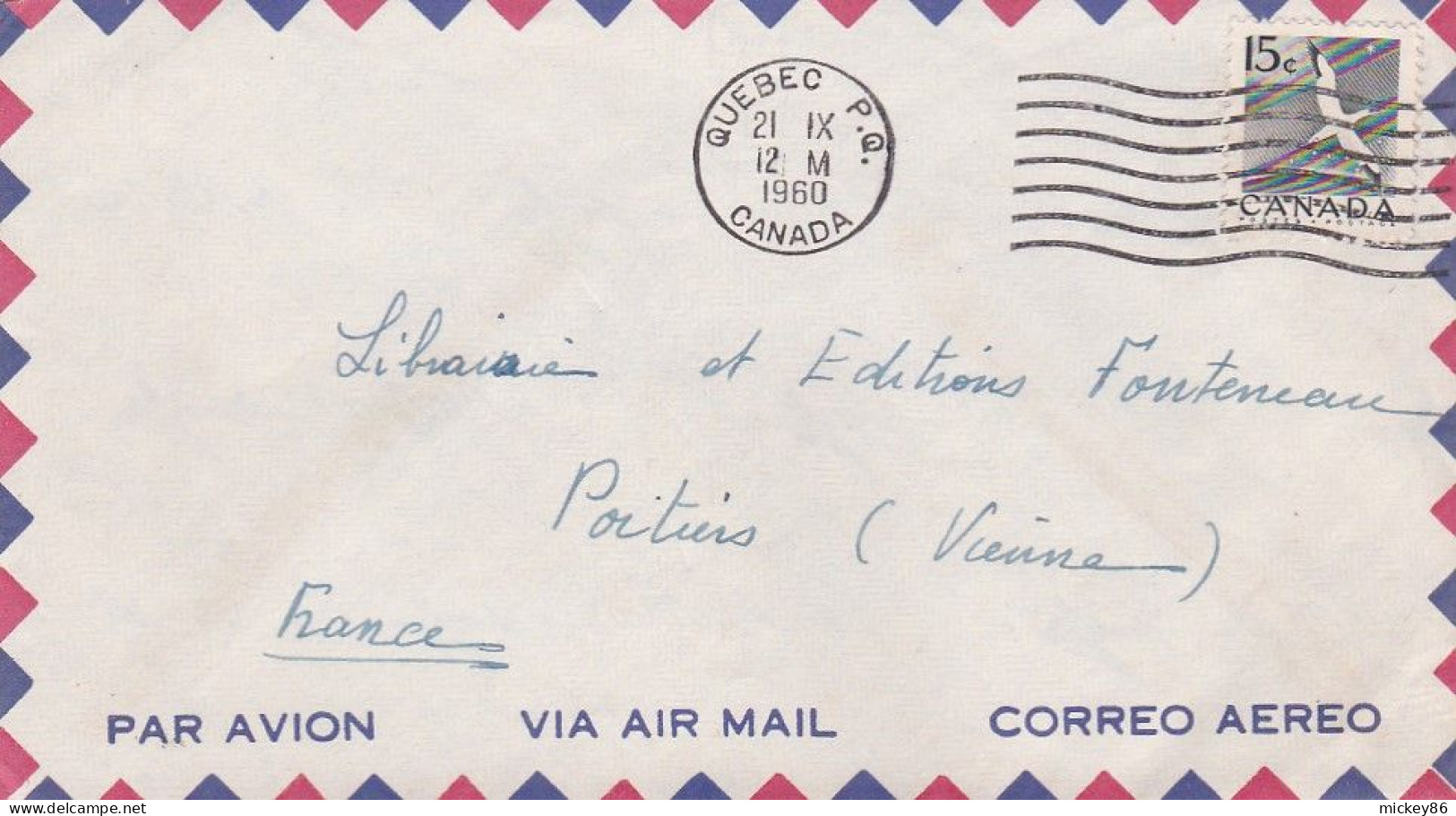 Canada--1960--Lettre De QUEBEC  Pour POITIERS (France)..timbre + Cachet Mécanique Muet Du 21-9-1960 - Cartas & Documentos