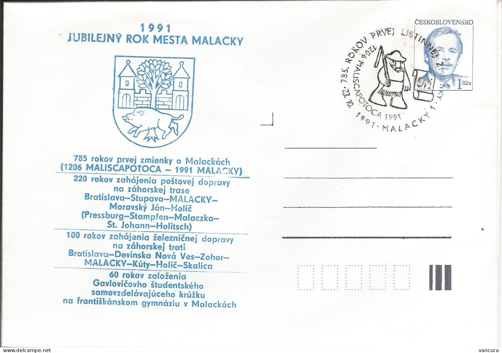 COB 91 Czechoslovakia V. Havel Jubilee Year Of Malacky Town 1991 - Enveloppes