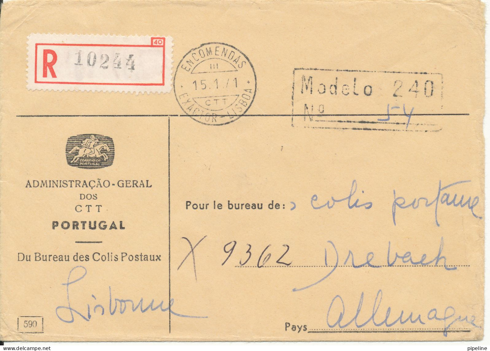 Portugal Registered Cover Without Stamps Sent To Germany Du Bureau Des Colis Postaux Lisboa 15-1-1971 - Covers & Documents