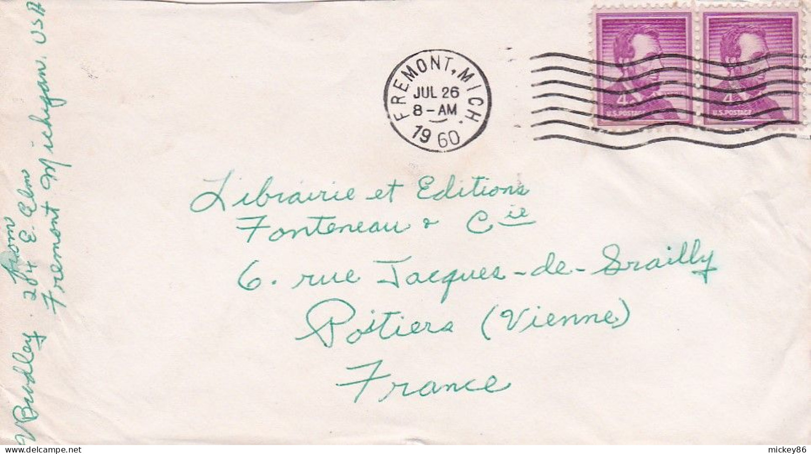 Etats-Unis--1960--Lettre De TREMONT. Mich  Pour POITIERS (France)..timbres + Cachet Mécanique Muet - Lettres & Documents