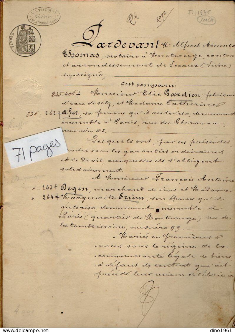 VP22.679 - MONTROUGE- Acte De 1876 - Vente D'une Maison Située à PARIS Par M. GARDIEN,Fabricant D'Eau De Selz à M.DEGEN - Manuscrits