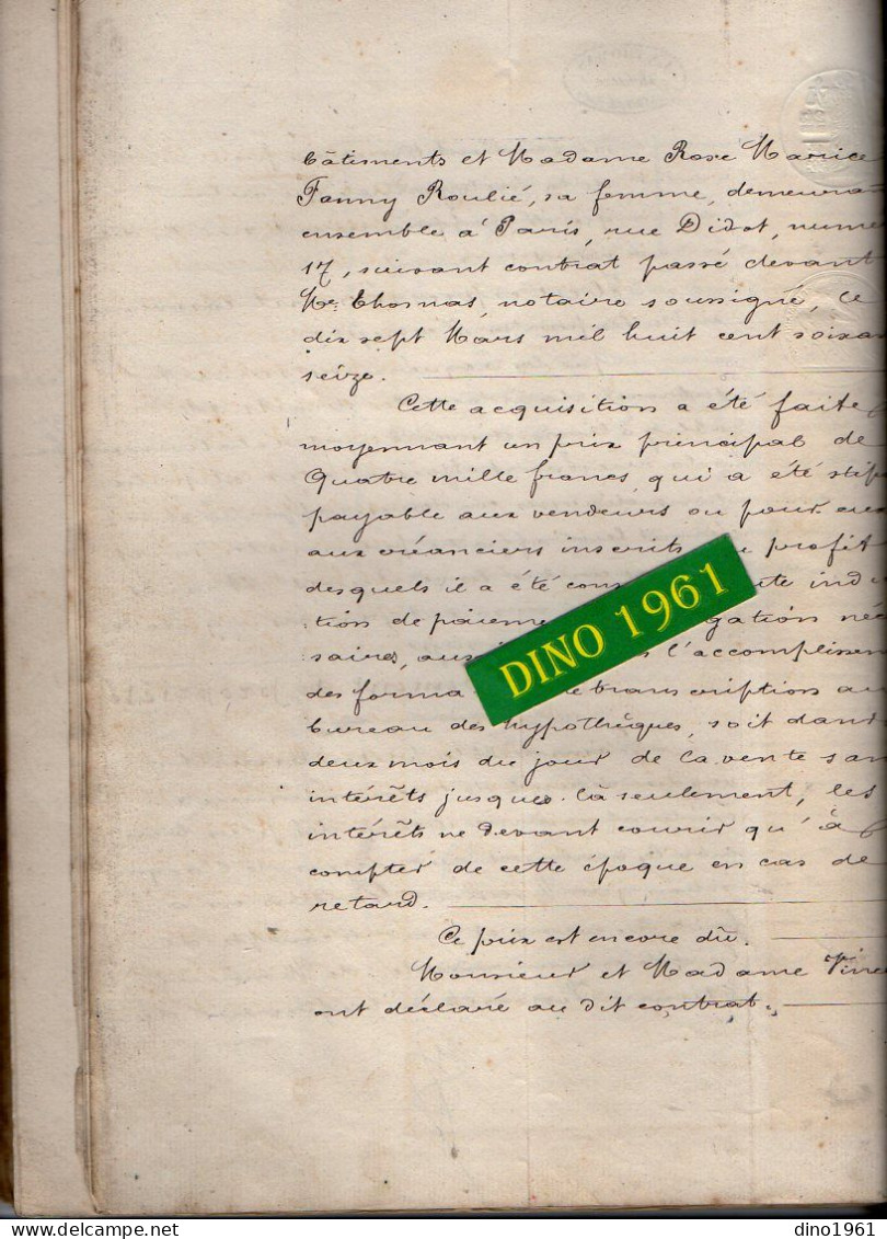 VP22.679 - MONTROUGE- Acte de 1876 - Vente d'une Maison située à PARIS par M. GARDIEN,Fabricant d'Eau de Selz à M.DEGEN