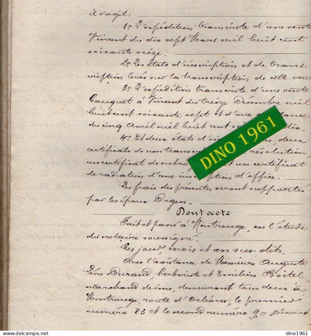 VP22.679 - MONTROUGE- Acte de 1876 - Vente d'une Maison située à PARIS par M. GARDIEN,Fabricant d'Eau de Selz à M.DEGEN