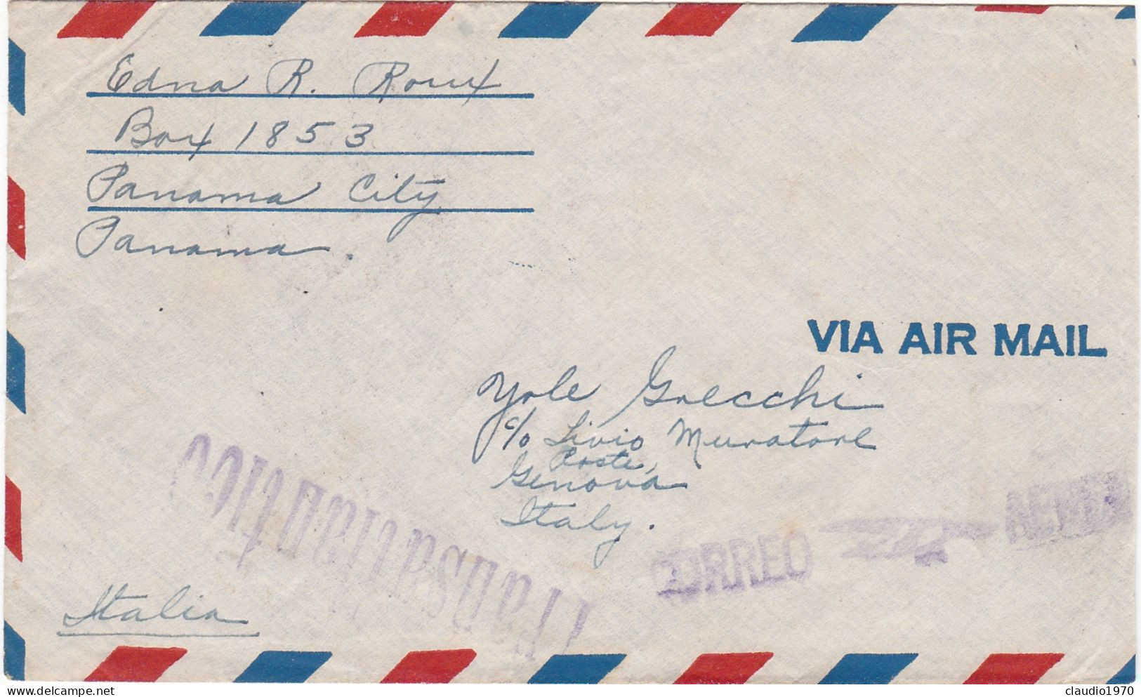 PANAMA -  BUSTA -  STORIA POSTALE - VIA AIR MAIL-  VIAGGIATA PER GENOVA - ITALIA - 1947 - Panama