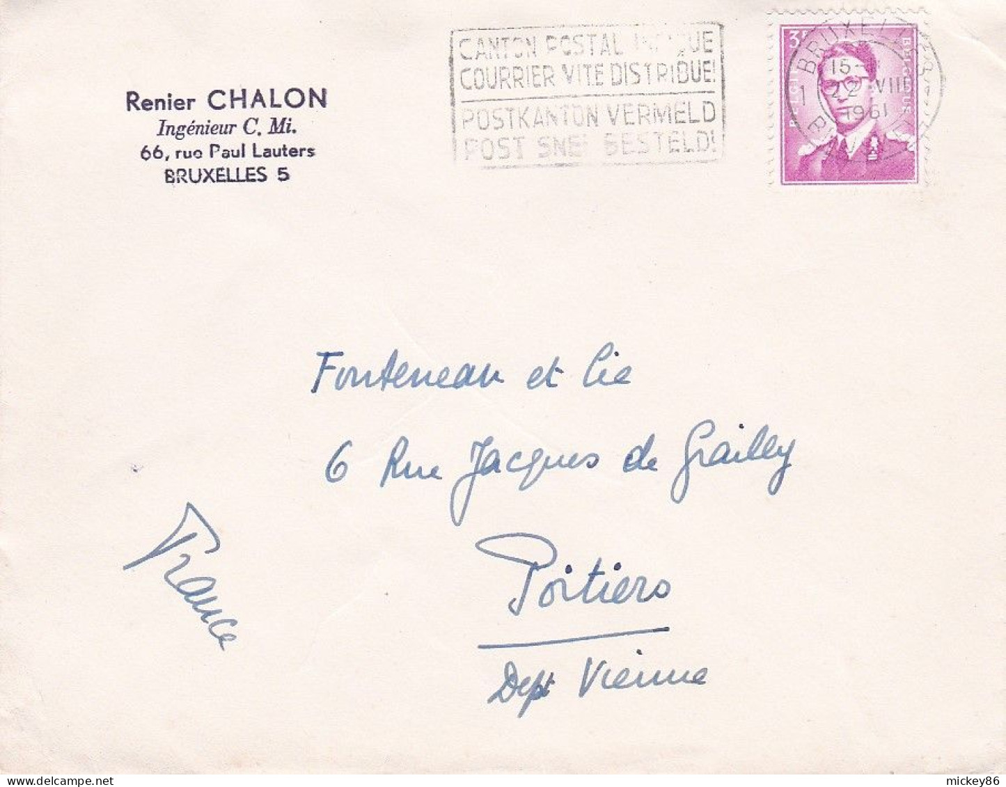 Belgique --1961--Lettre BRUXELLES  Pour POITIERS (France)..timbre Seul Sur Lettre + Cachet  22-8-1961 - Lettres & Documents