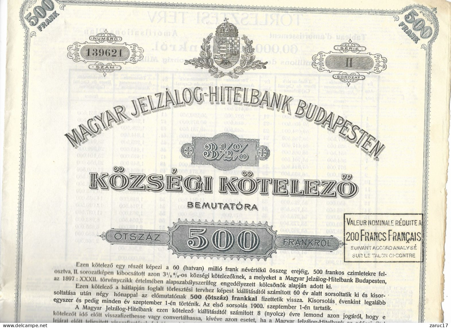 ACTION OBLIGATION COMMUNALE 3,5% 1899 BUDAPEST OTSZAZ 500 CREDIT FONCIER DU ROYAUME DE HONGRIE MAGYAR JELZALOG HIRELBANK - A - C