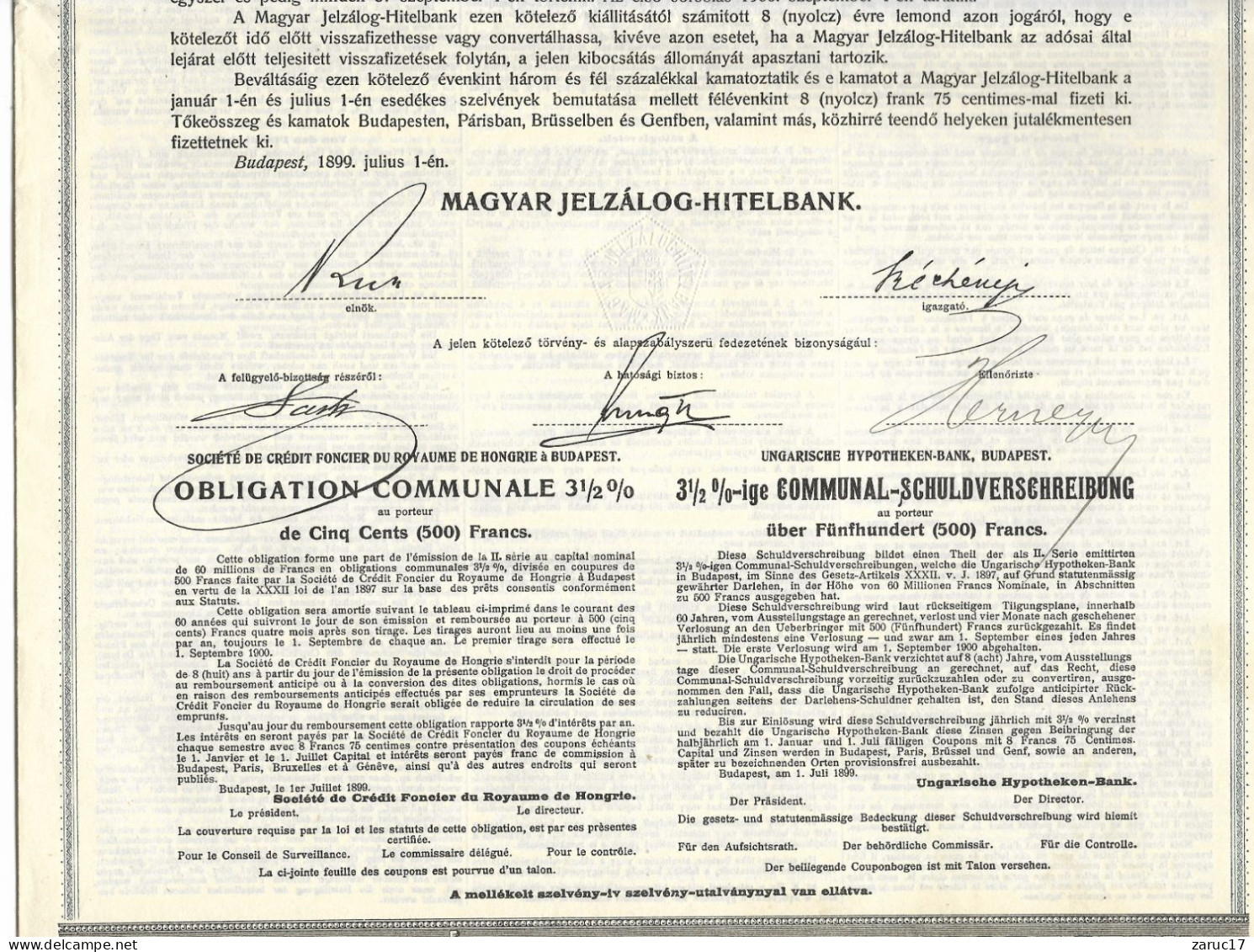 ACTION OBLIGATION COMMUNALE 3,5% 1899 BUDAPEST OTSZAZ 500 CREDIT FONCIER DU ROYAUME DE HONGRIE MAGYAR JELZALOG HIRELBANK - A - C