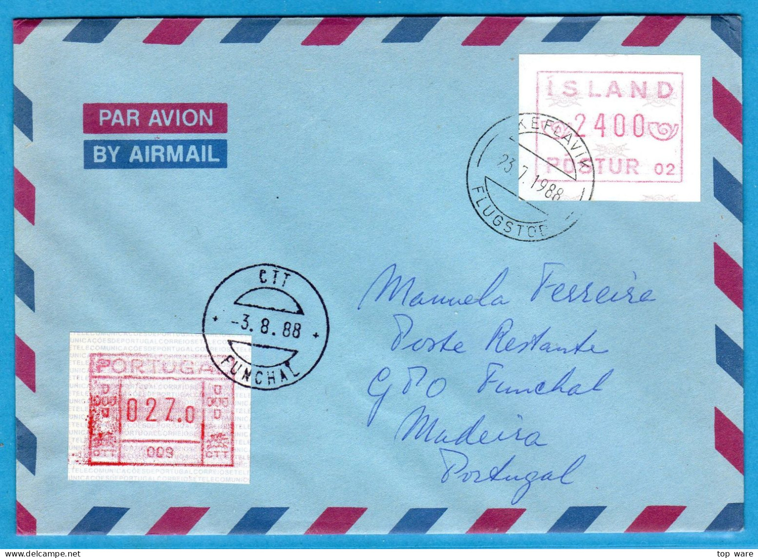 Island Iceland ATM 1 02 / 2400 On Poste Restante 23.7.88 Keflavik To Portugal 27$0 Funchal 3.8.88 / Frama Etiquetas - Franking Labels