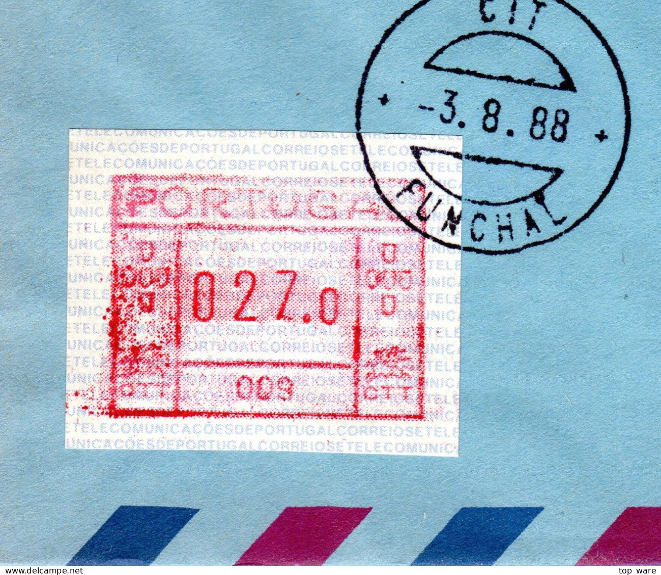 Island Iceland ATM 1 02 / 2400 On Poste Restante 23.7.88 Keflavik To Portugal 27$0 Funchal 3.8.88 / Frama Etiquetas - Franking Labels