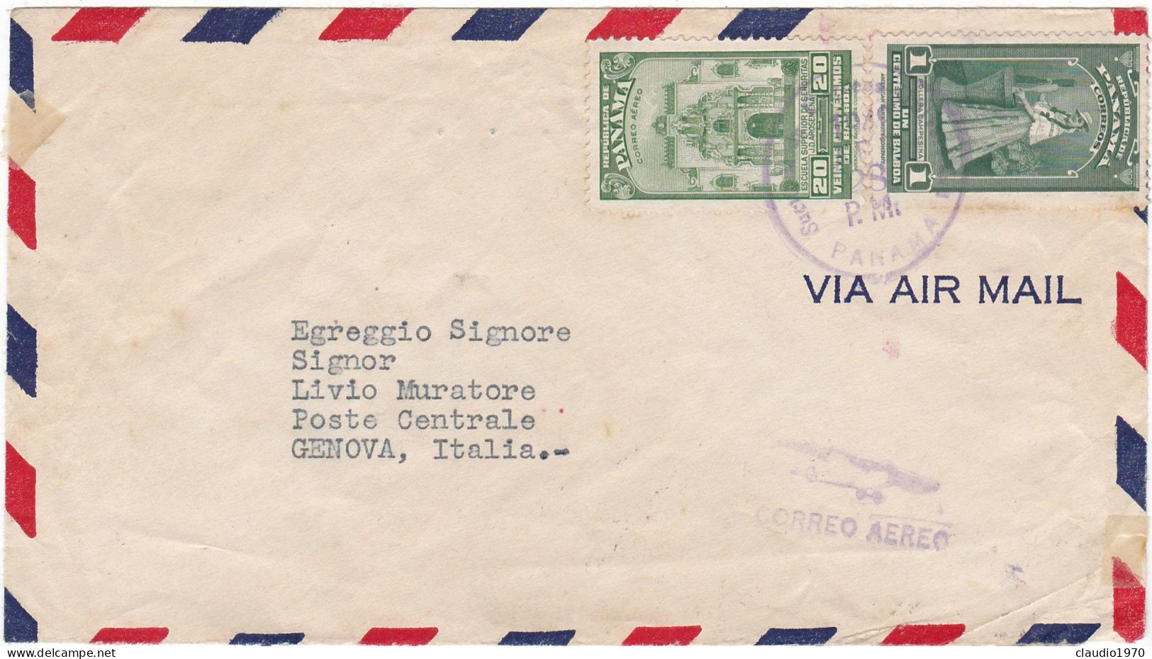 PANAMA -  BUSTA  - VIA AIR MAIL   - VIAGGIATA PER GENOVA - ITALIA - 1949 - Panama