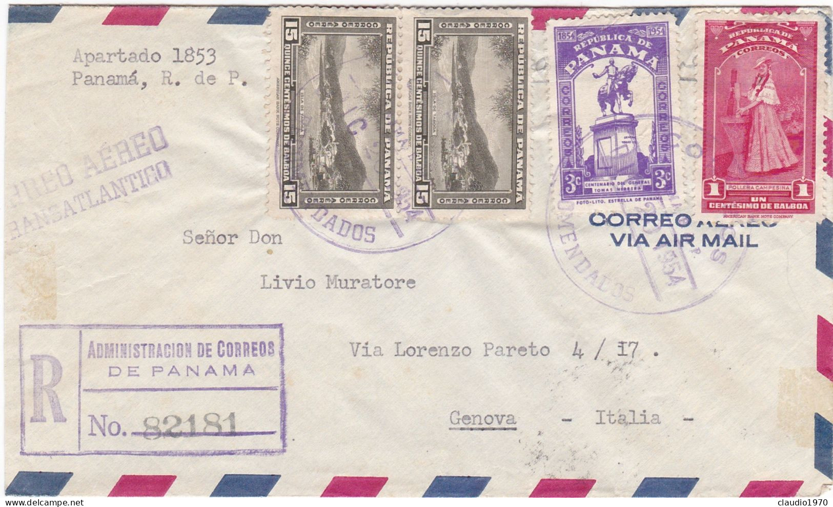 PANAMA -  BUSTA  - VIA AIR MAIL   - VIAGGIATA PER GENOVA - ITALIA - 1954 - Panama