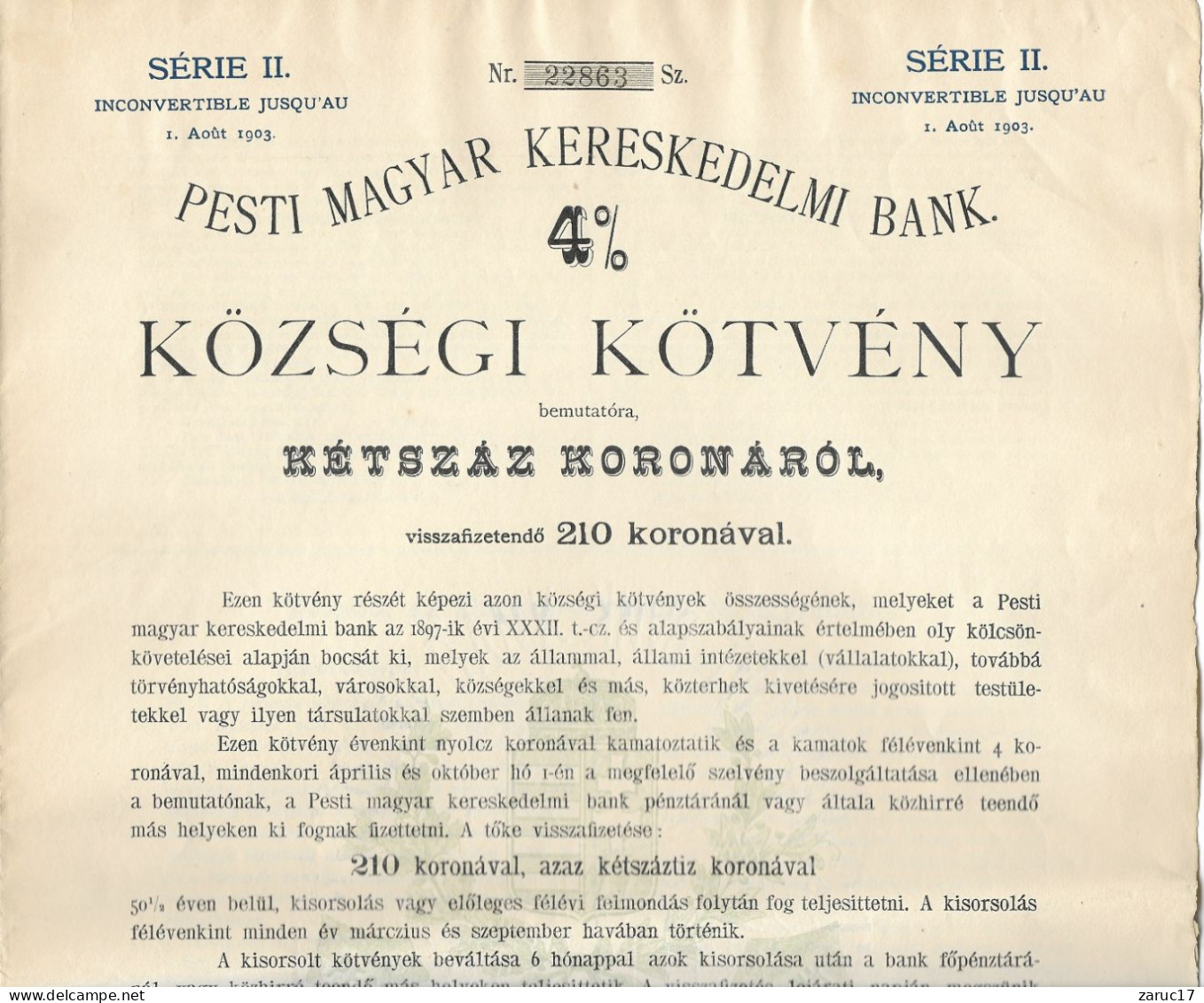 ACTION OBLIGATION COMMUNALE 4% 1903 BUDAPEST KORONAVAL  210 PESTI MAGYAR KERESKEDELMI BANK HONGRIE KOZSEGI KOTVENY - A - C