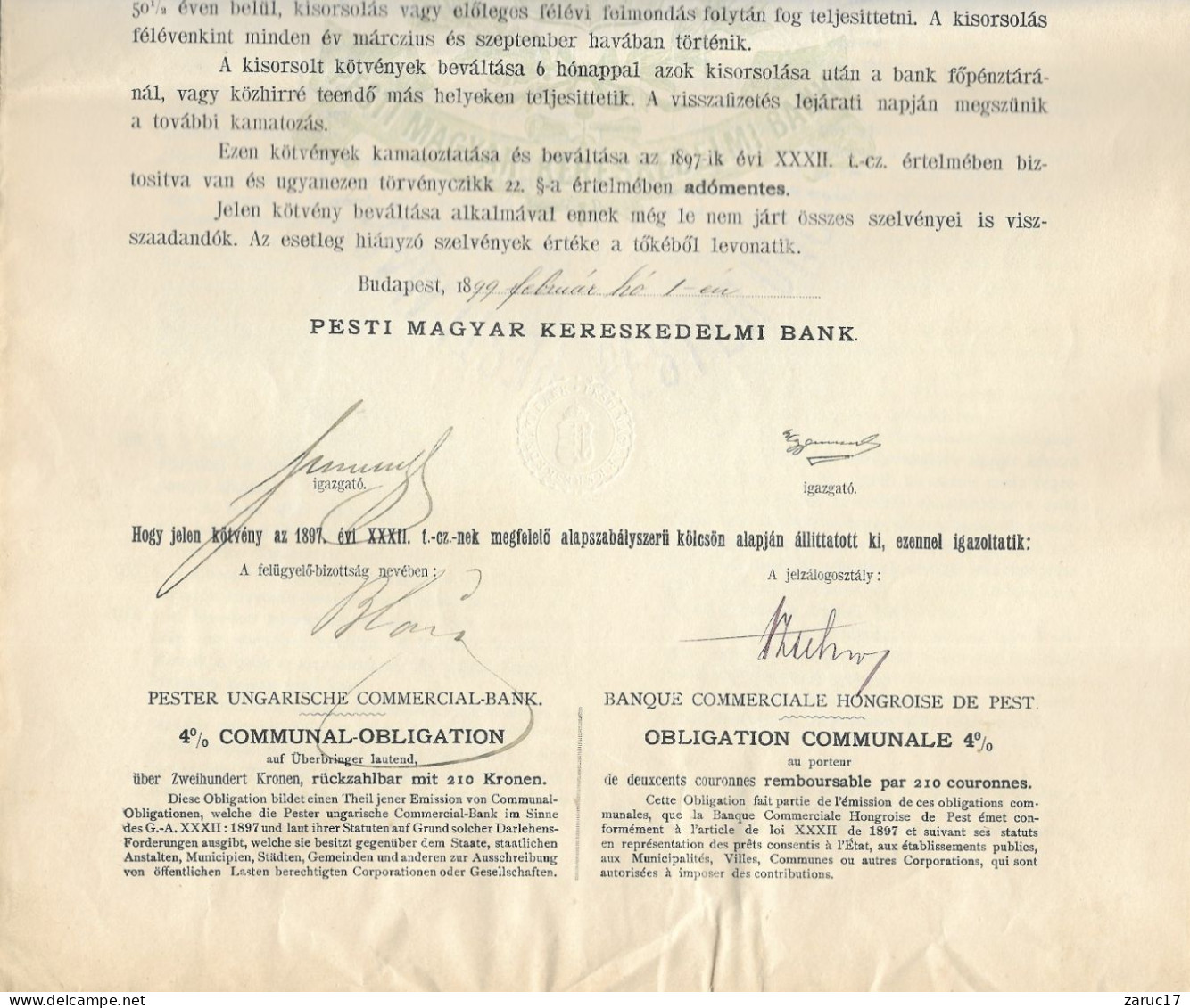 ACTION OBLIGATION COMMUNALE 4% 1903 BUDAPEST KORONAVAL  210 PESTI MAGYAR KERESKEDELMI BANK HONGRIE KOZSEGI KOTVENY - A - C