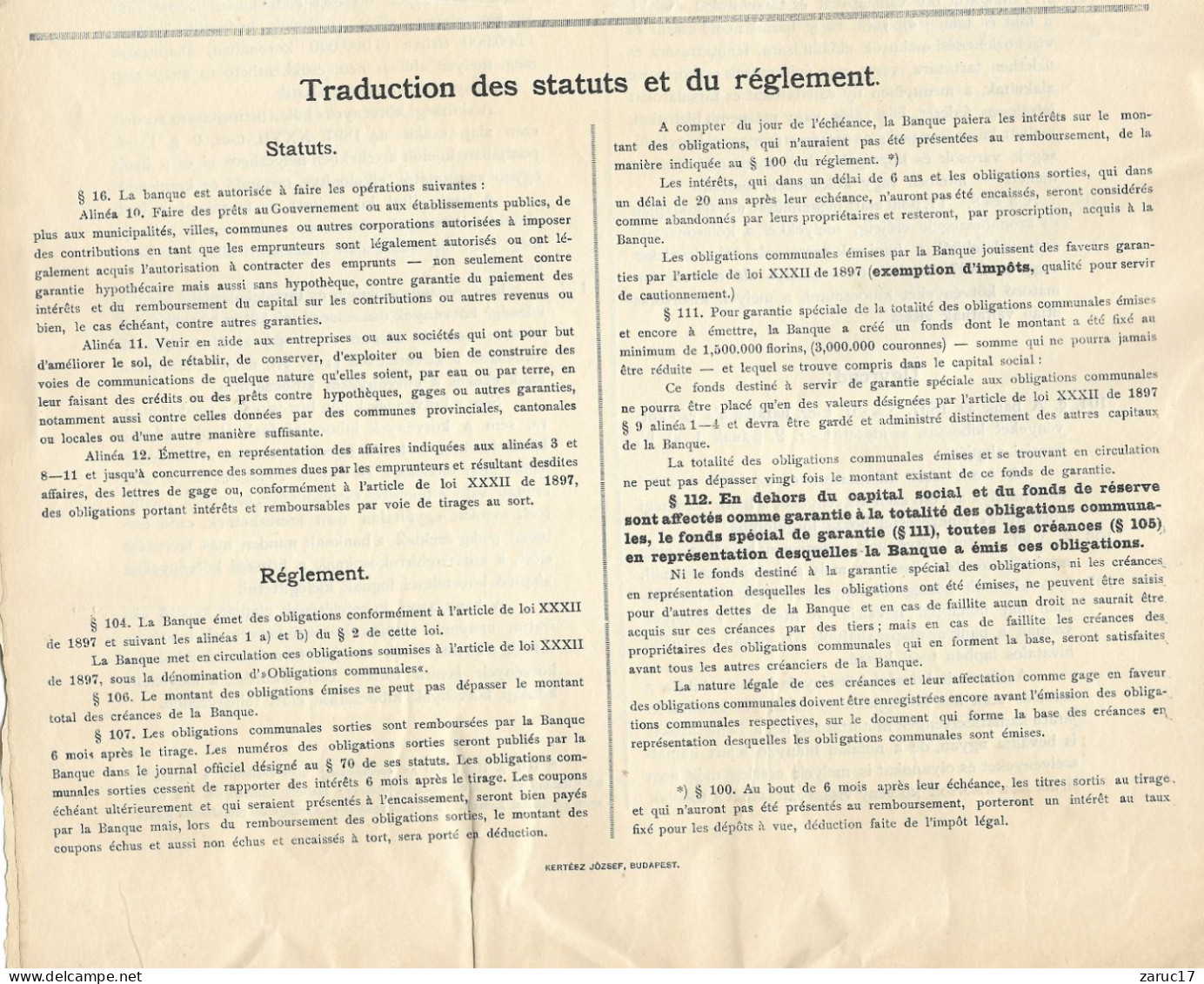 ACTION OBLIGATION COMMUNALE 4% 1903 BUDAPEST KORONAVAL  210 PESTI MAGYAR KERESKEDELMI BANK HONGRIE KOZSEGI KOTVENY - A - C