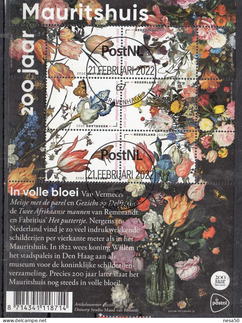 Nederland 2022 Nvph Nr 4012 - 4017, Mi Nr Blok 193: Mauritshuis , Bloemen, Flower Gestempeld - Used Stamps