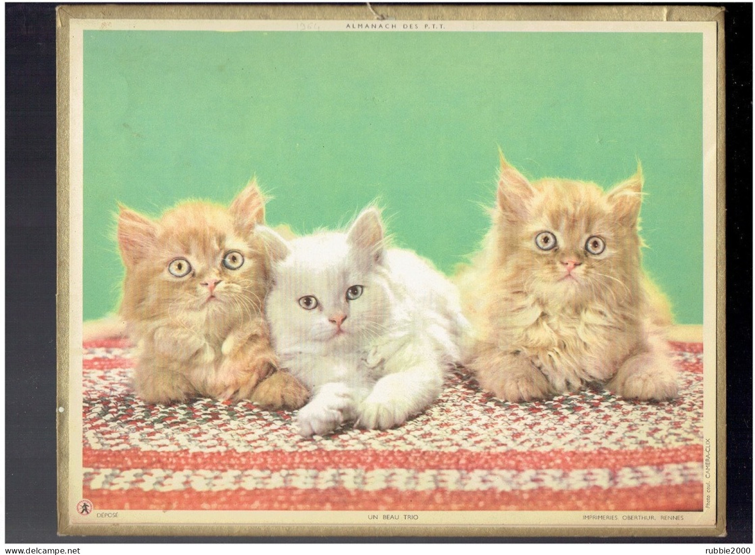 CALENDRIER 1964 UN TRIO DE CHATONS IMPRIMEUR OBERTHUR ALMANACH DES P.T.T. - Grand Format : 1961-70