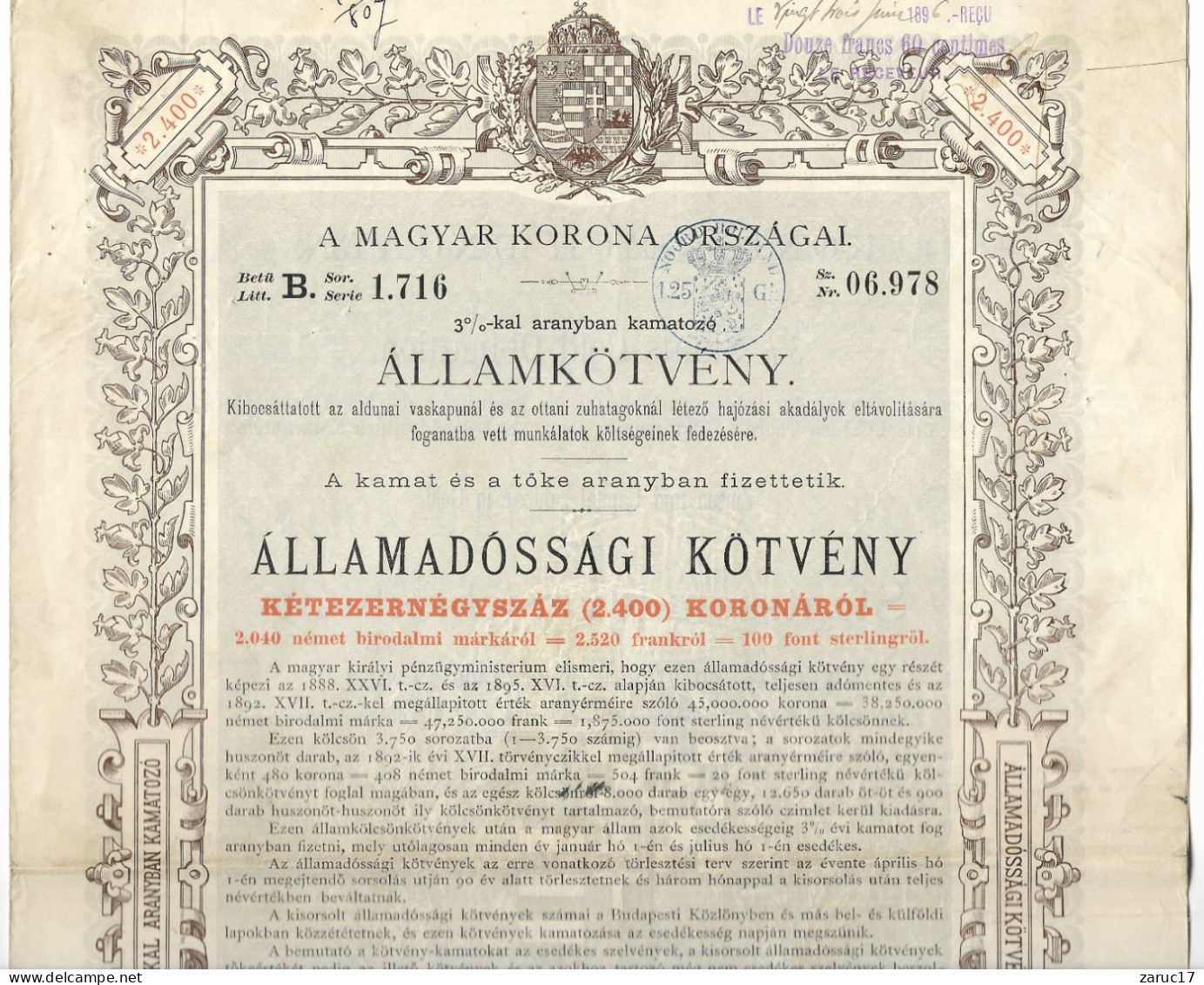 ACTION OBLIGATION D ETAT OR 3% 1895 ALLAMADOSSAGI KOTVENY BUDAPEST ROYAUME DE HONGRIE TRAVAUX SUR DANUBE - A - C