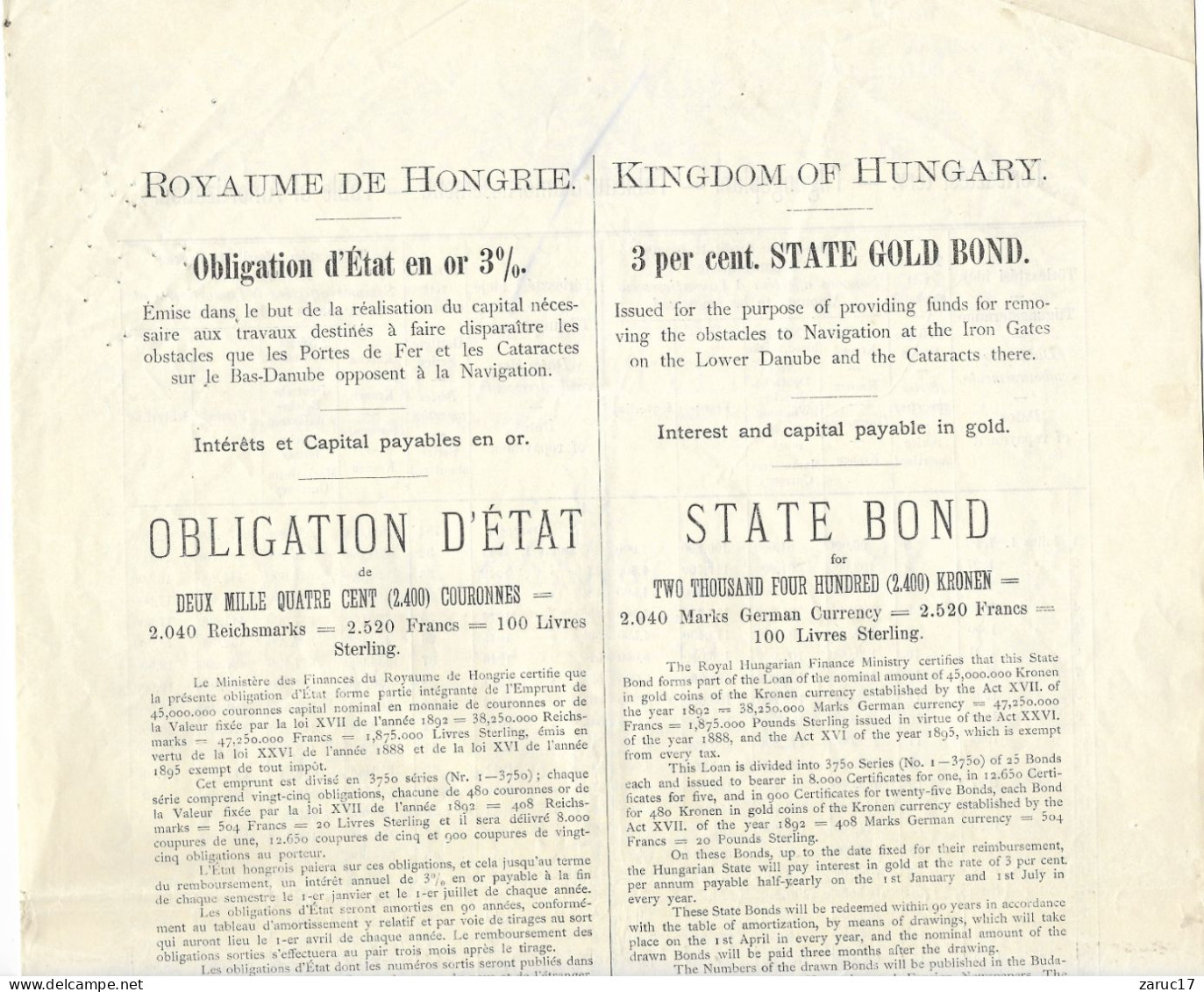 ACTION OBLIGATION D ETAT OR 3% 1895 ALLAMADOSSAGI KOTVENY BUDAPEST ROYAUME DE HONGRIE TRAVAUX SUR DANUBE - A - C