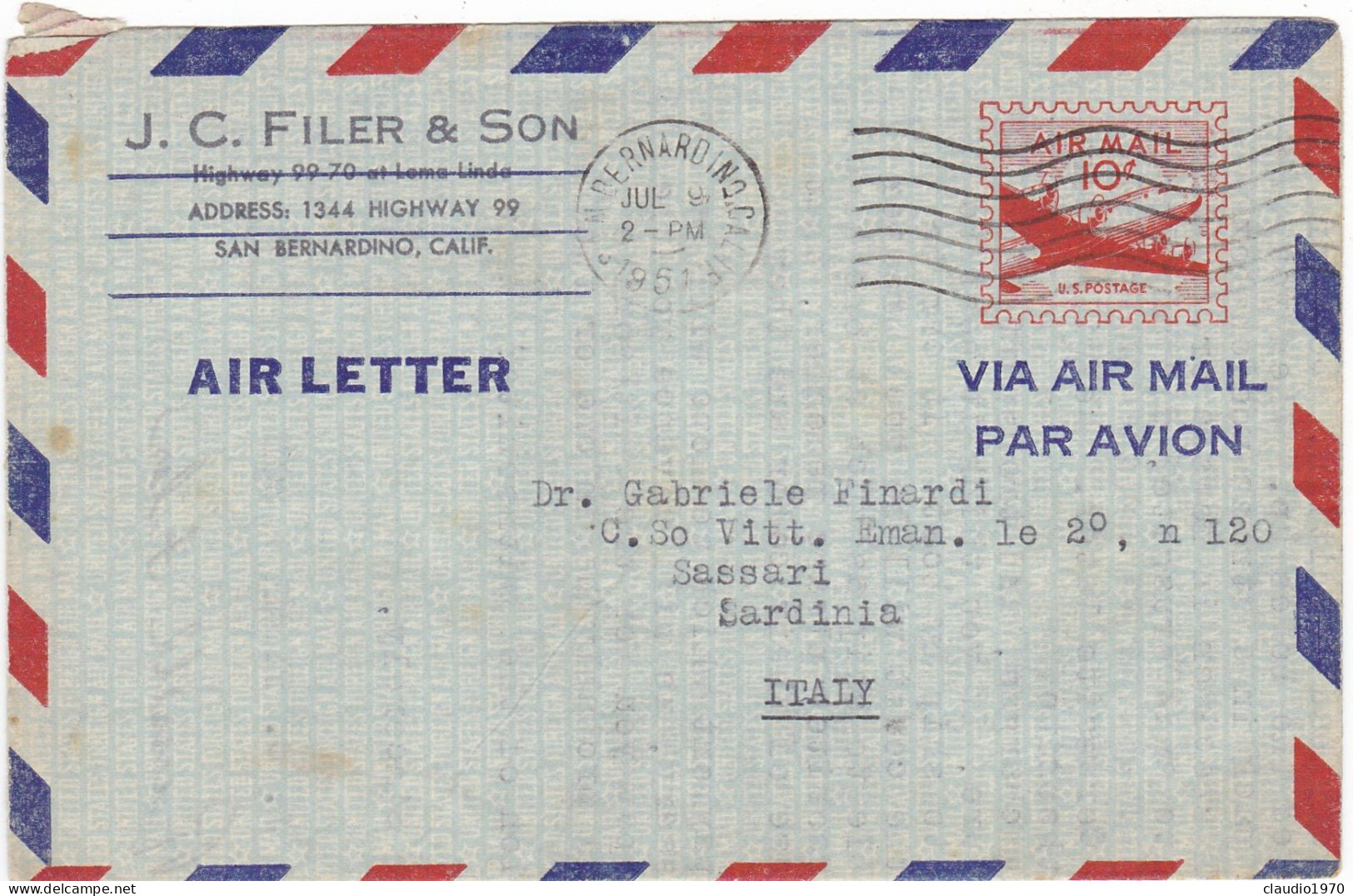 STATI UNITI - USA - SAN BERNARDONI(CALIFORNIA) J. C. FILER E SON - AIR LETTER V.G PER SASSARI - SARDEGNA - ITALIA - 1951 - 1941-60