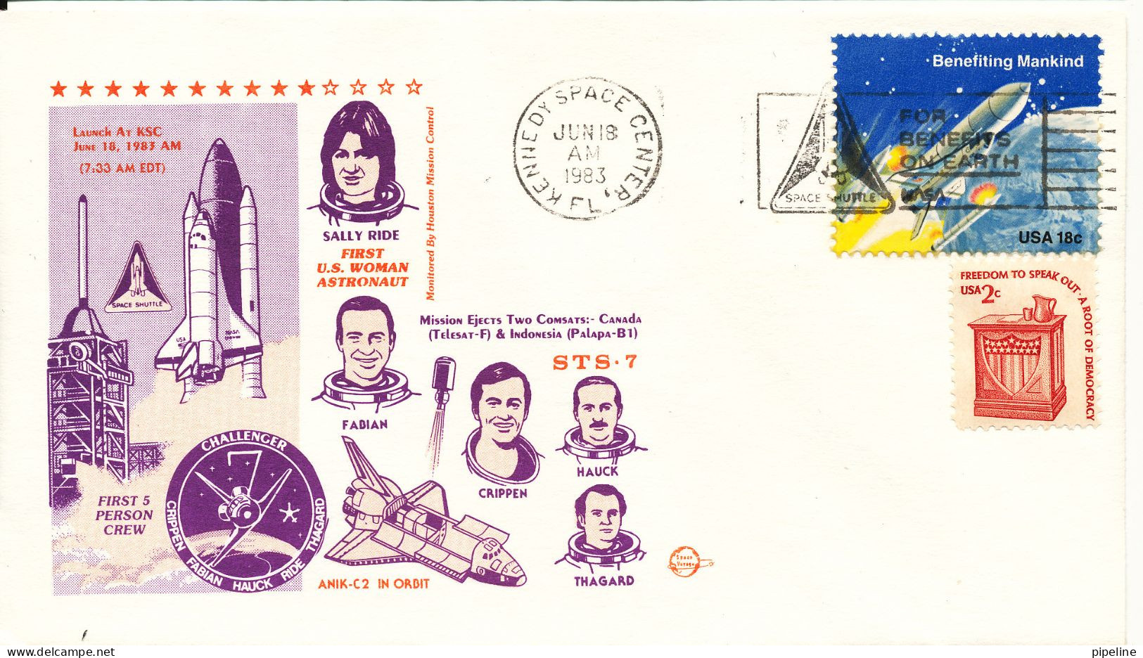 USA Special Space Cover STS - 7 Sally Ride First U.S. Woman Astronaut Kennedy Space Center 18-6-1983 With Nice Cachet - Etats-Unis