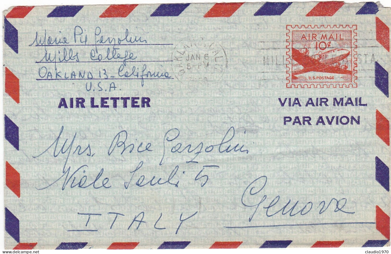 STATI UNITI - USA - OAKLAND (CALIFORNIA) - AIR LETTER V.G PER GENOVA - ITALIA - 1958 - 1941-60