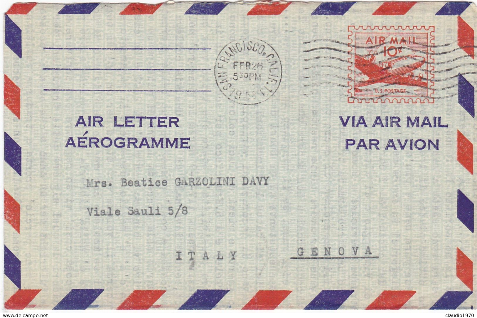 STATI UNITI - USA - SAN FRANCISCO (CALIFORNIA) - AIR LETTER V.G PER GENOVA - ITALIA - 1958 - 1941-60