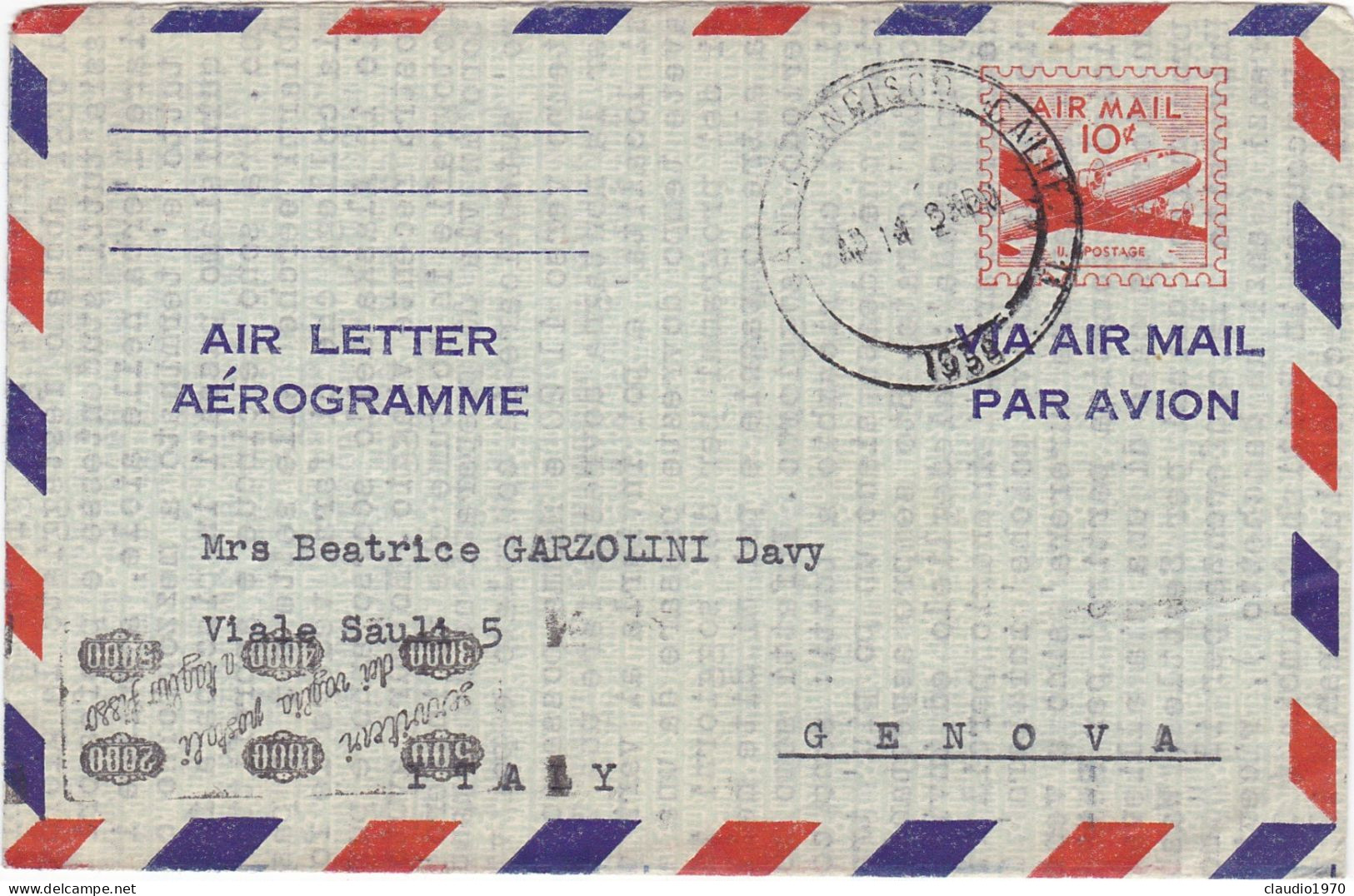 STATI UNITI - USA - SAN FRANCISCO (CALIFORNIA) - AIR LETTER V.G PER GENOVA - ITALIA - 1958 - 1941-60