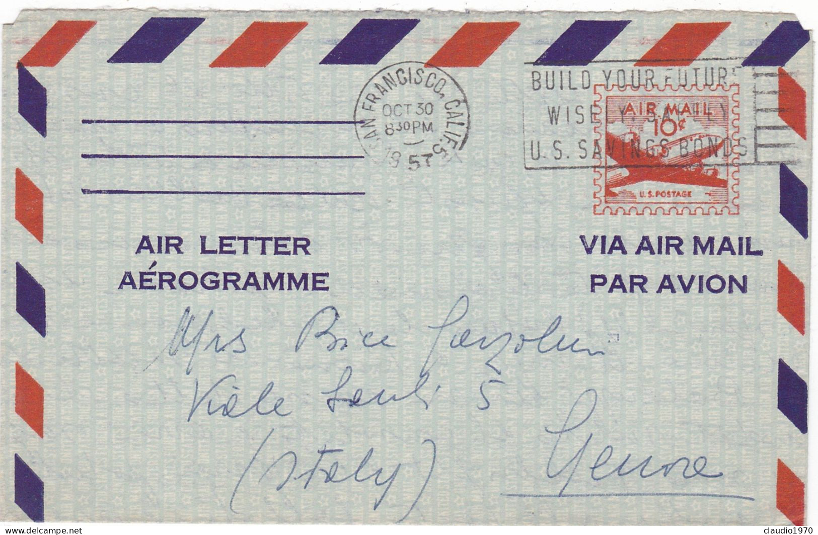 STATI UNITI - USA - SAN FRANCISCO (CALIFORNIA) - AIR LETTER V.G PER GENOVA - ITALIA - 1958 - 1941-60