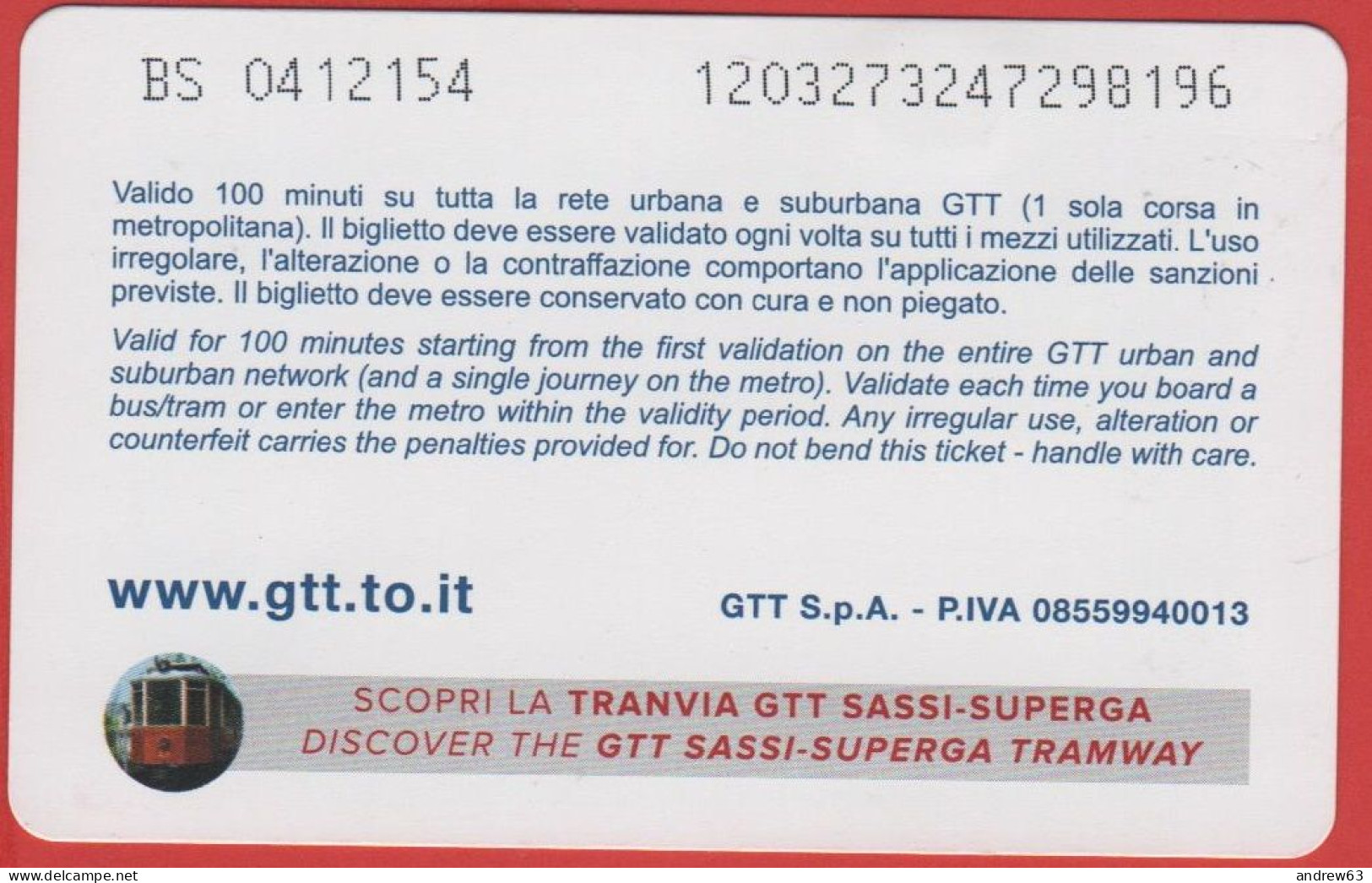 ITALIA - ITALY - ITALIE - Torino - GTT - Biglietto City - Usato - Europa