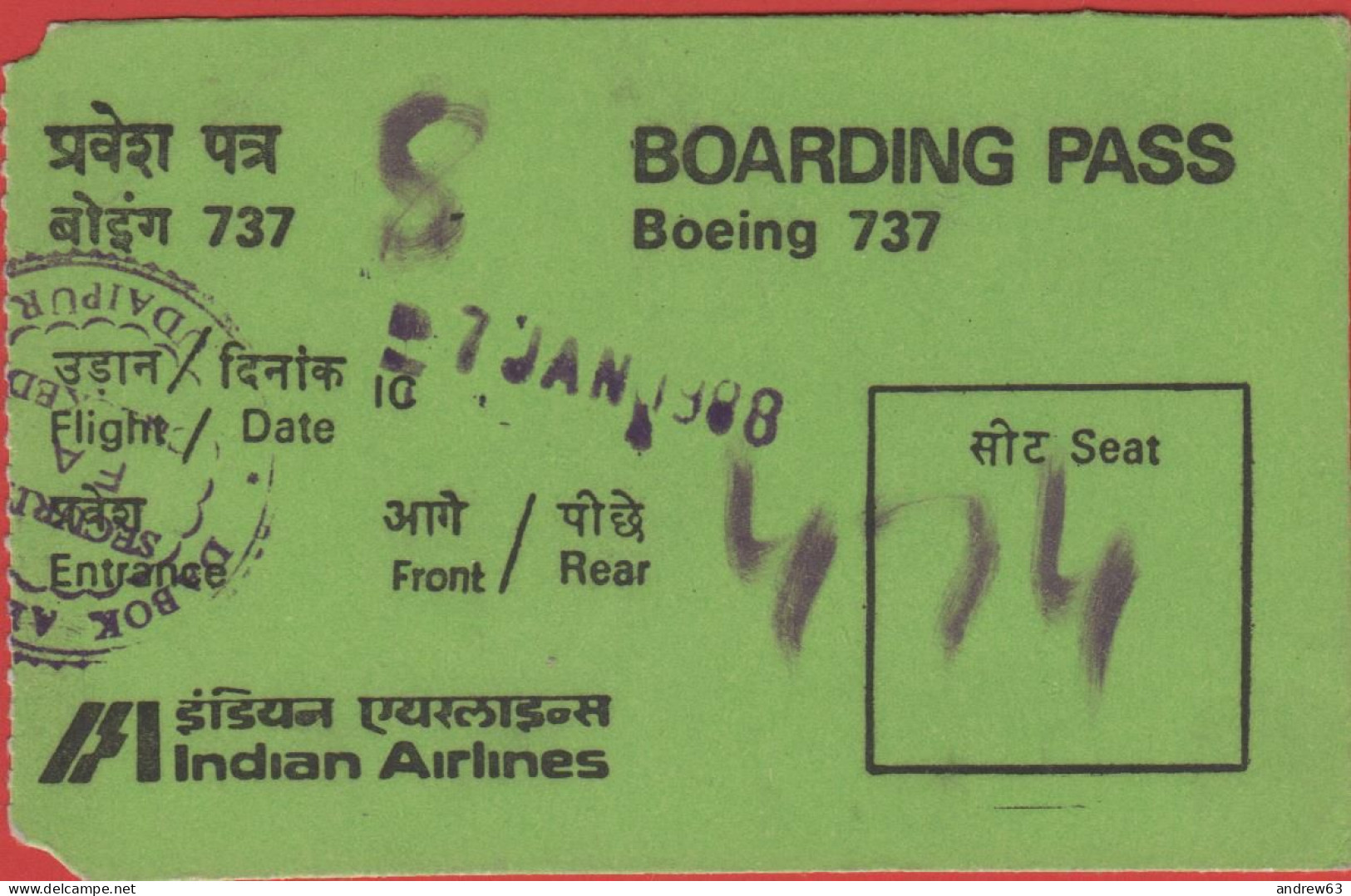 INDIA - 1988 - Indian Airlines - Boing 737 - Carta D'Imbarco - Boarding Pass - Wereld