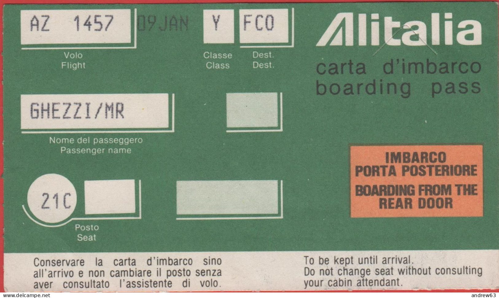 ITALIA - ITALY - ITALIE - Alitalia - AZ 1457 - Carta D'Imbarco - Boarding Pass - Europa