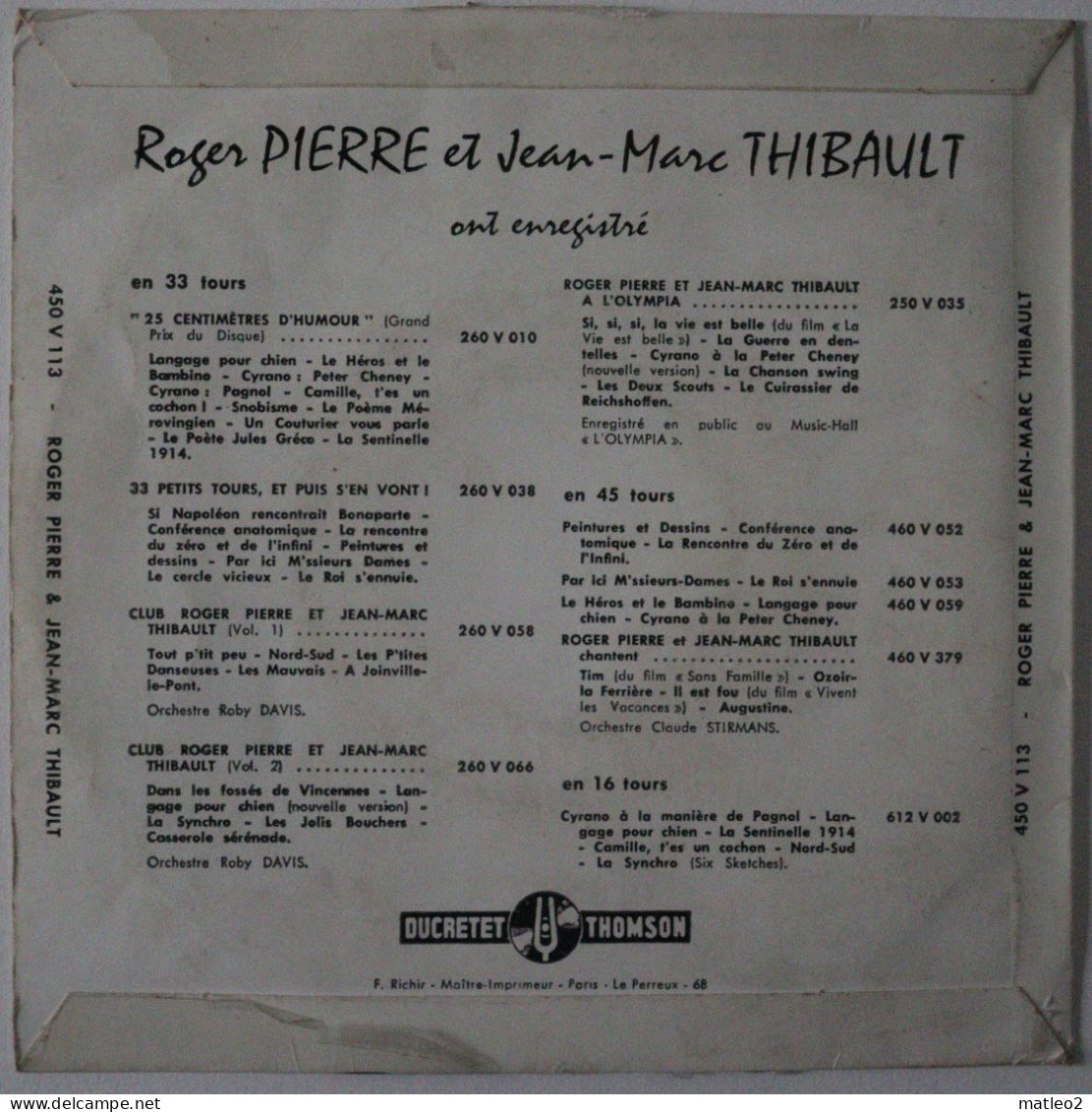 Vinyle 45 Tours : Roger Pierre & Jean-Marc Thibault : ... à La Caserne - Humour, Cabaret