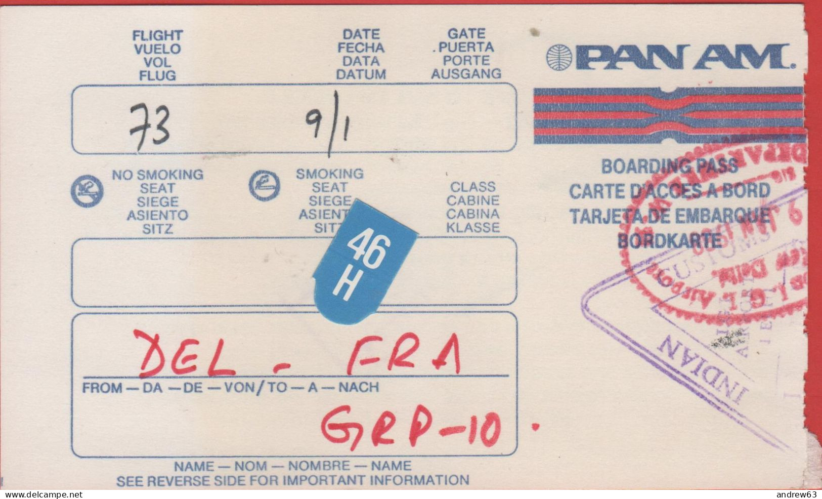 USA - PAN AM - DEL-FRA - Carta D'Imbarco - Boarding Pass - Wereld