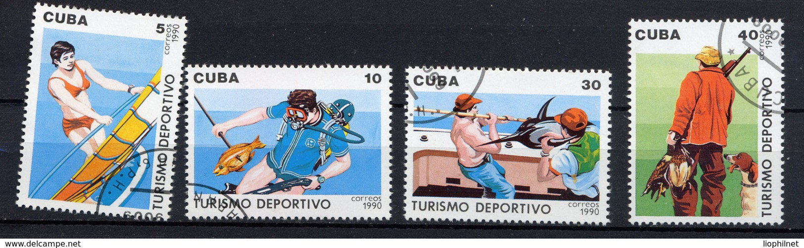 CUBA 1990, Yvert 3040/3, Tourisme Sportif, Pêche, Chasse, Planche à Voile, 4 Valeurs, Oblitérés / Used. R267 - Oblitérés