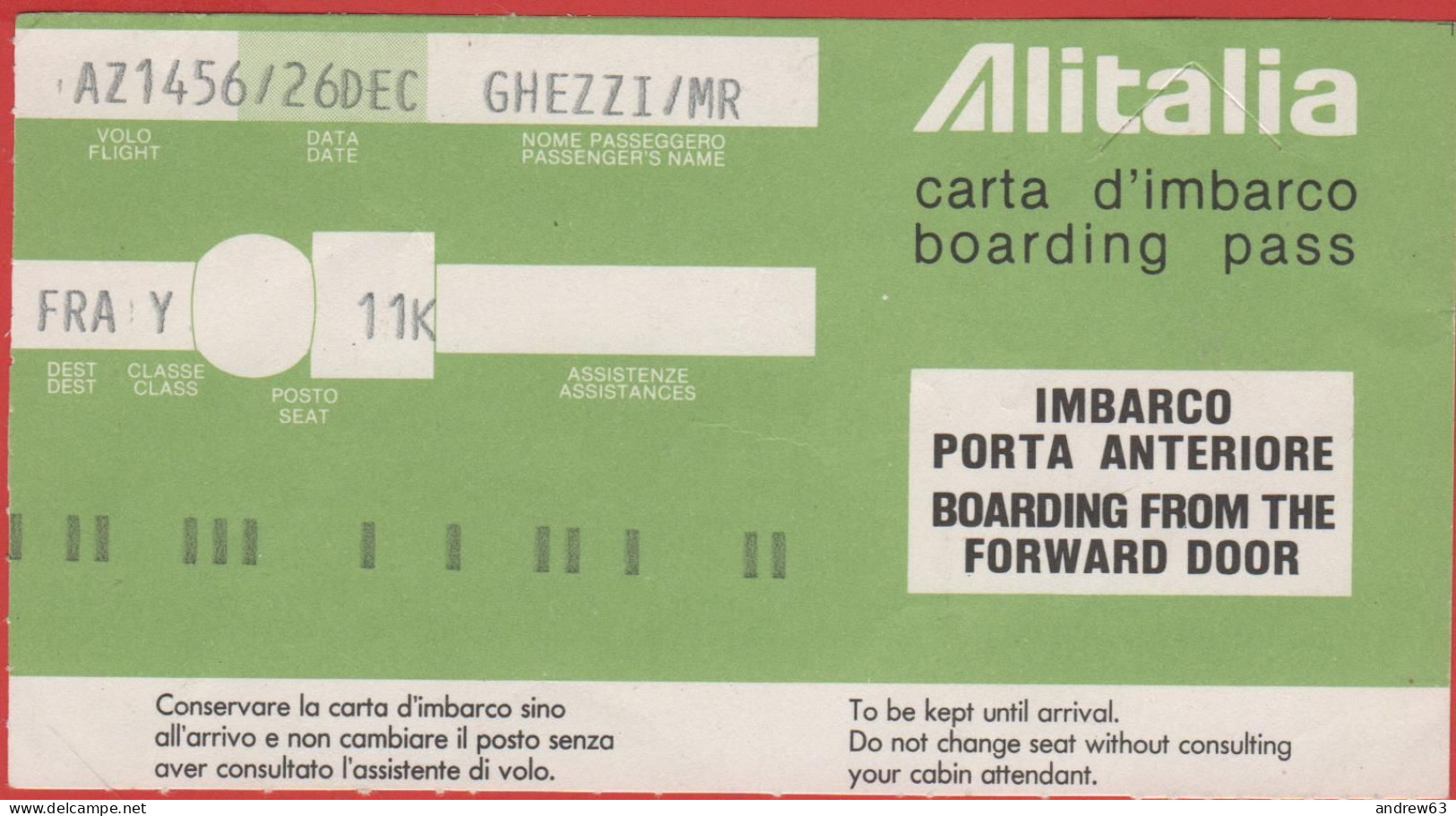 ITALIA - ITALY - ITALIE - Alitalia - AZ 1456 - Carta D'Imbarco - Boarding Pass - Europe