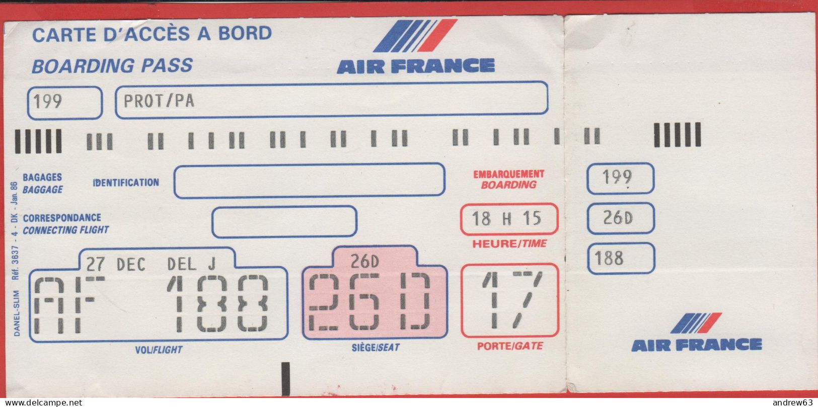 FRANCIA - FRANCE - AIR FRANCE - AF 188 - Carta D'Imbarco - Boarding Pass - Europe