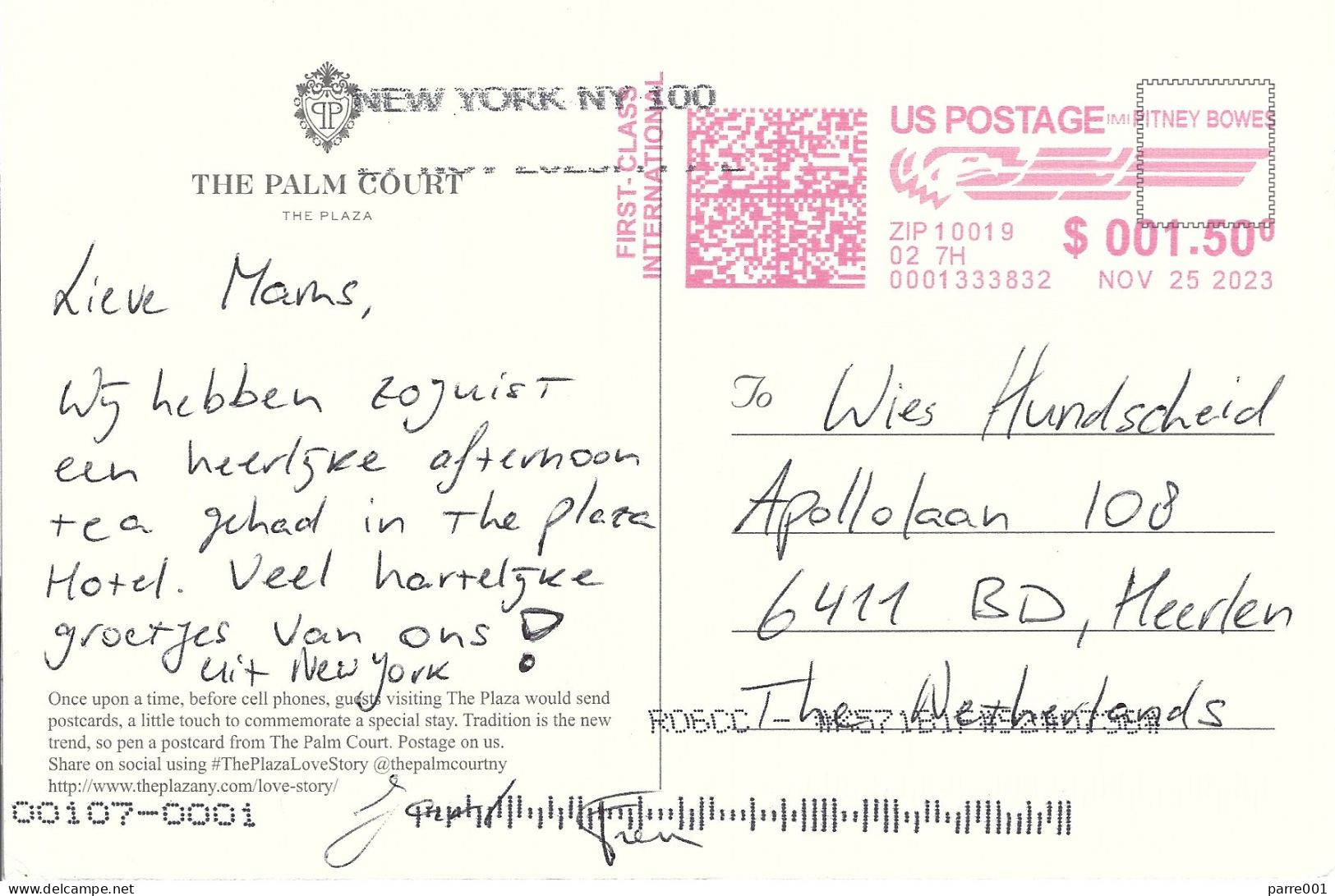 USA 2023 New York Palm Court Plaza Hotel Meter "Connect +"  02 7H Starting 00013 Viewcard - Hotels, Restaurants & Cafés