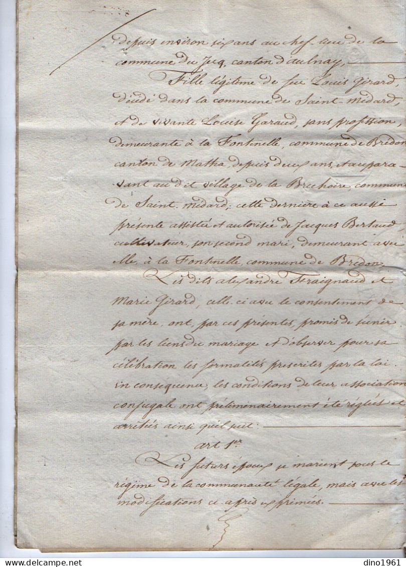 VP22.681 - ANVILLE - Acte De 1846 - Contrat De Mariage - M. FRAIGNAUD à LE GICQ X LOIRE & Melle GIRARD à SAINT - MEDARD - Manuscrits