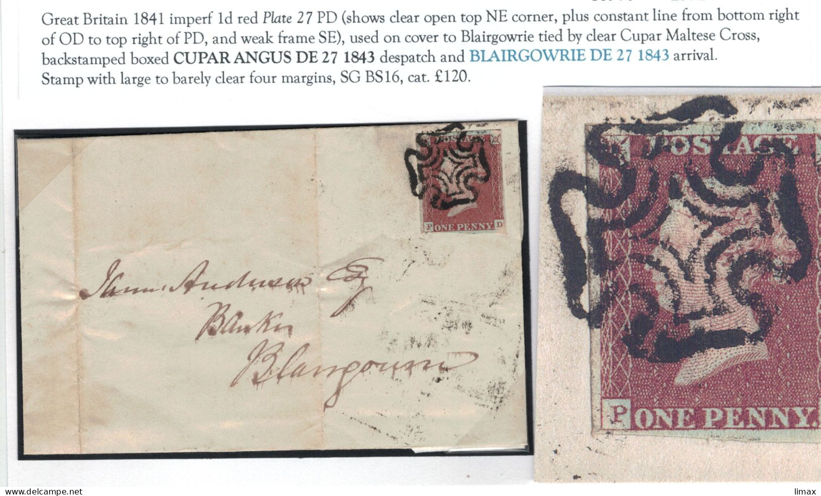 [A5] Penny Red From 1841 Plate 27 PD > Blairgowrie 1843 Malteser-Kreuz-Entwertung - Covers & Documents