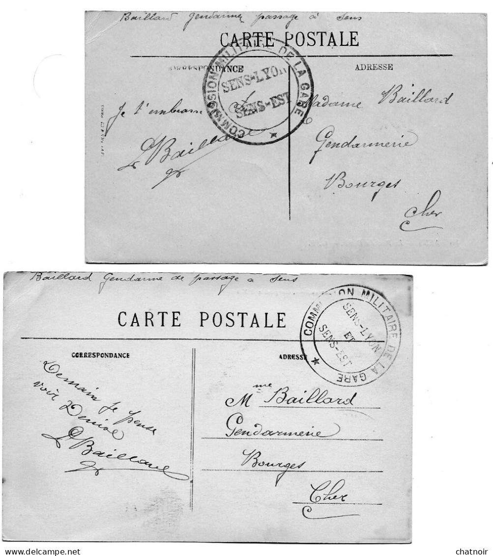 Sur 2  CP De SENS  /   Cachet  "  Commission Militaire   SENS LYON  SENS EST " - 1914-18