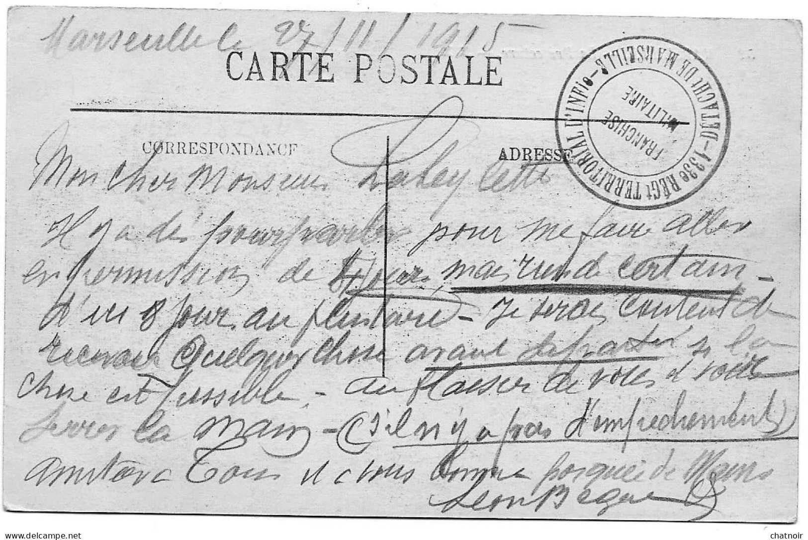 Sur  CP De MARSEILLE  /   Cachet  "   133 RGT TERRITORIAL ...DETACHEMENT DE MARSEILLE  "  1915 - 1914-18